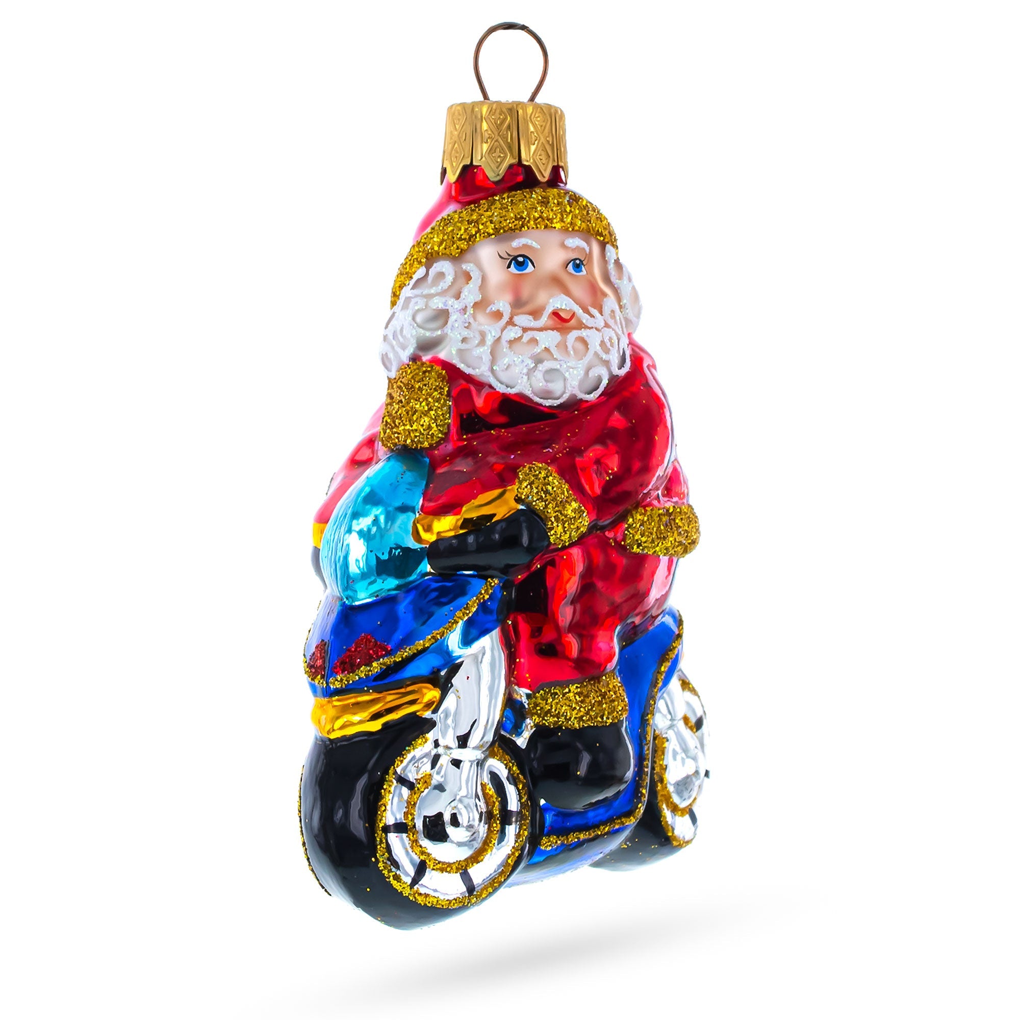 Santa Driving A Blue Car Glass Christmas Ornament