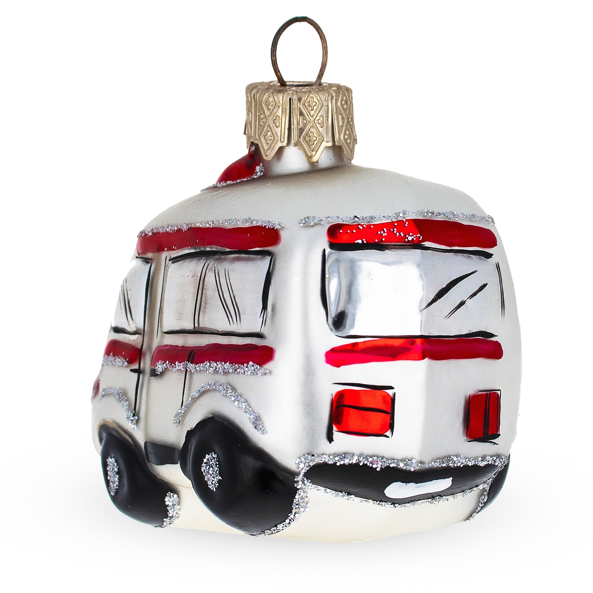 White Ambulance Car Glass Christmas Ornament