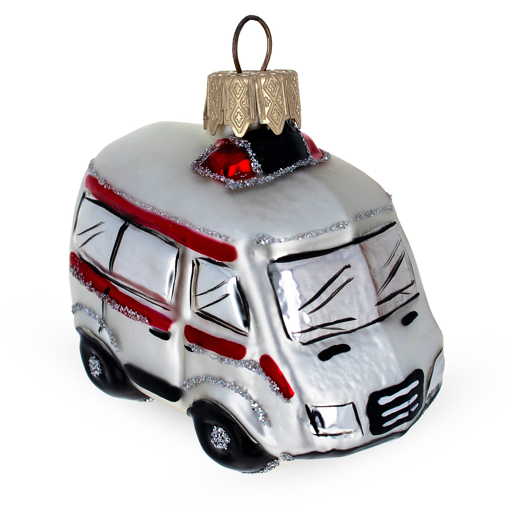 White Ambulance Car Glass Christmas Ornament