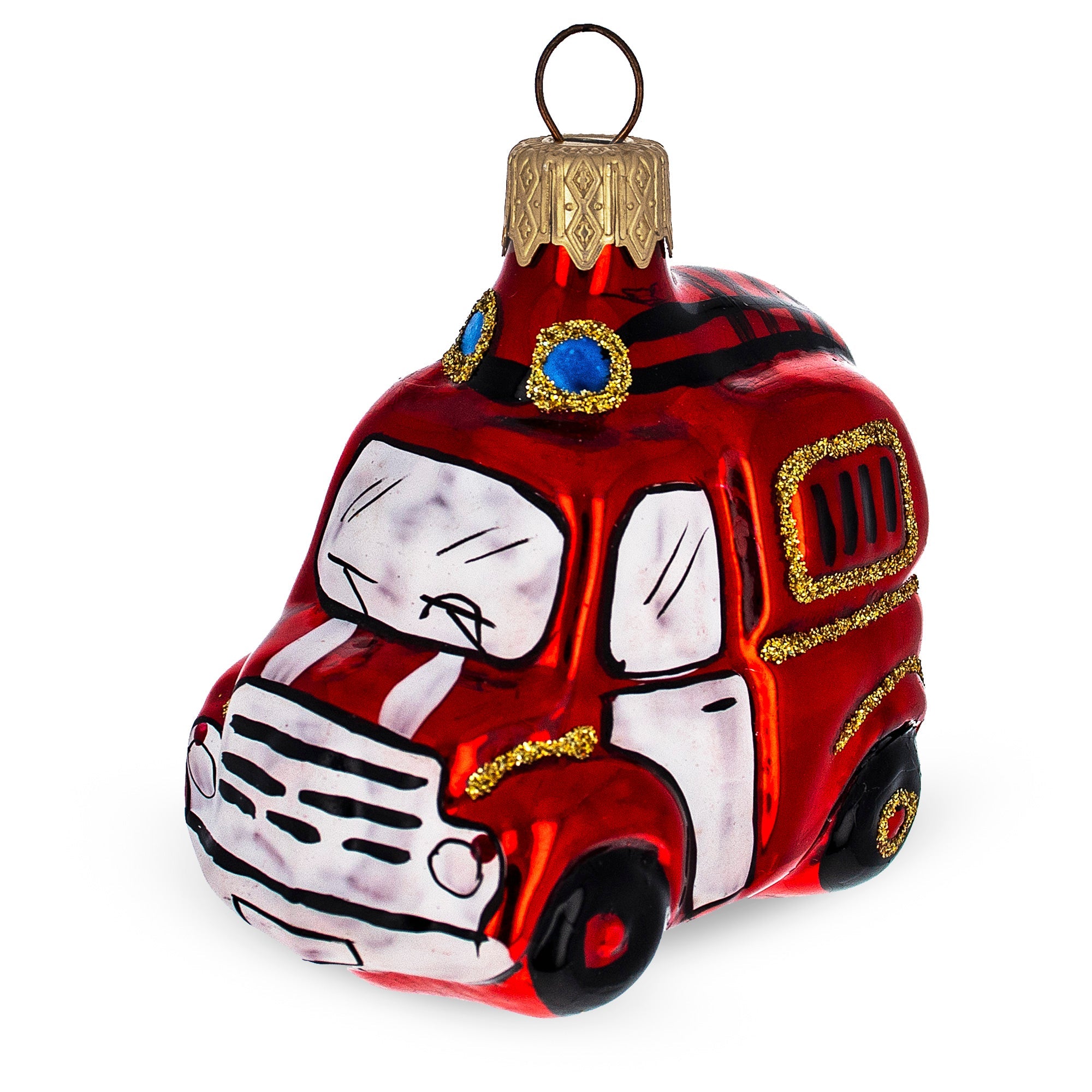 Glittered Fire Truck Glass Christmas Ornament