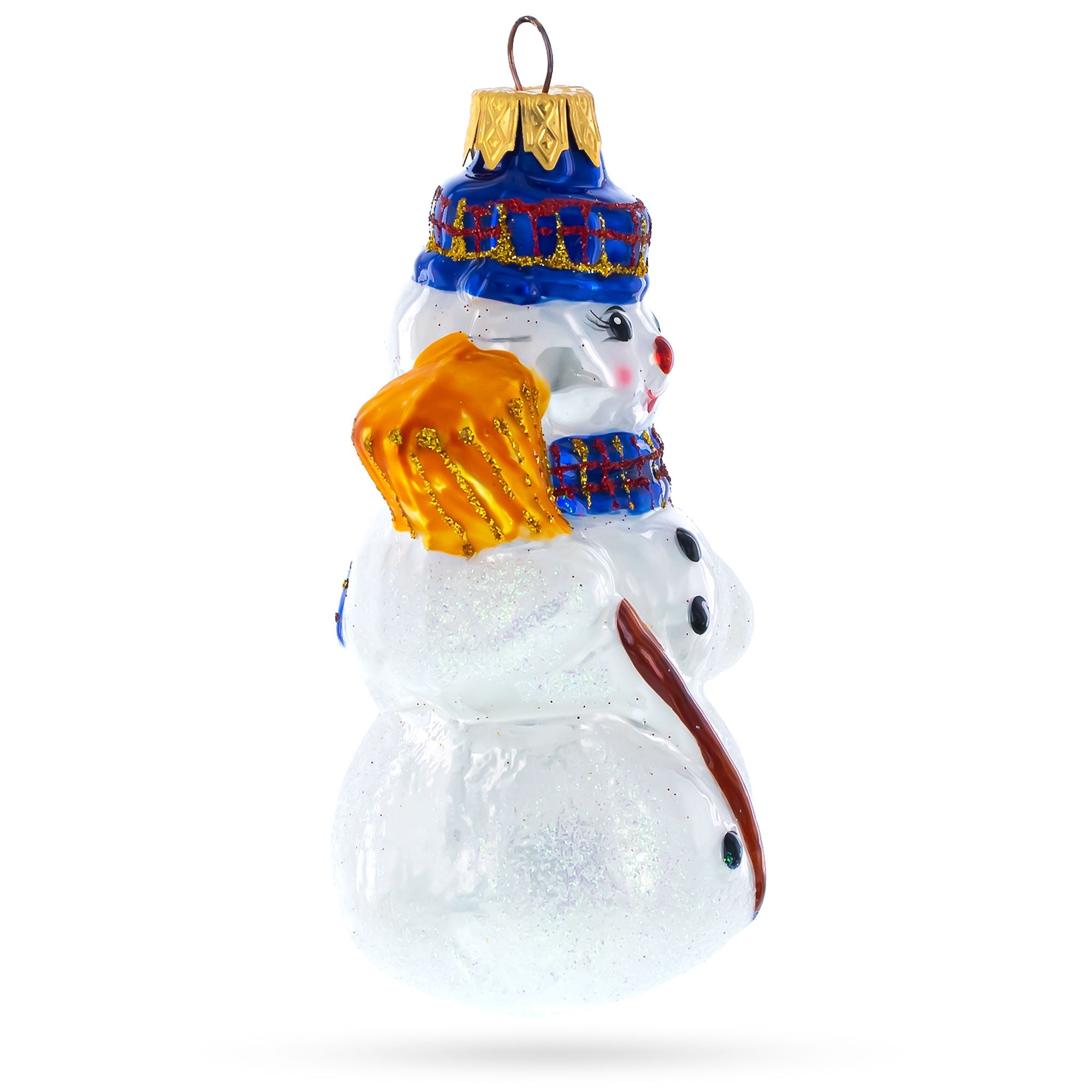 Snowman Holding Broom Glass Christmas Ornament