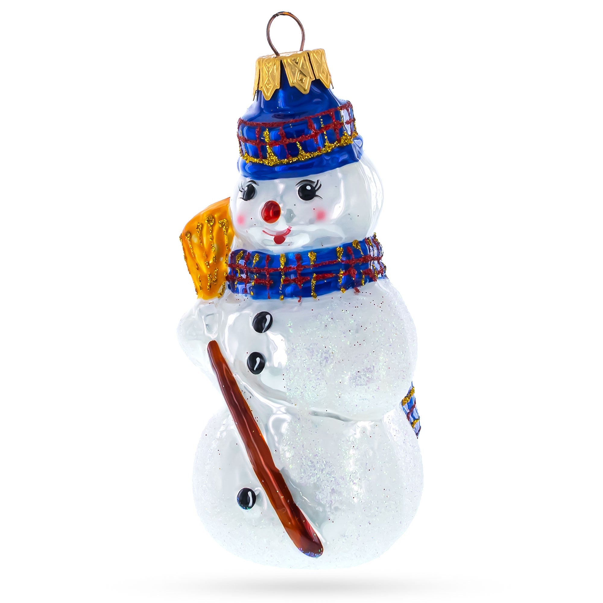 Snowman Holding Broom Glass Christmas Ornament