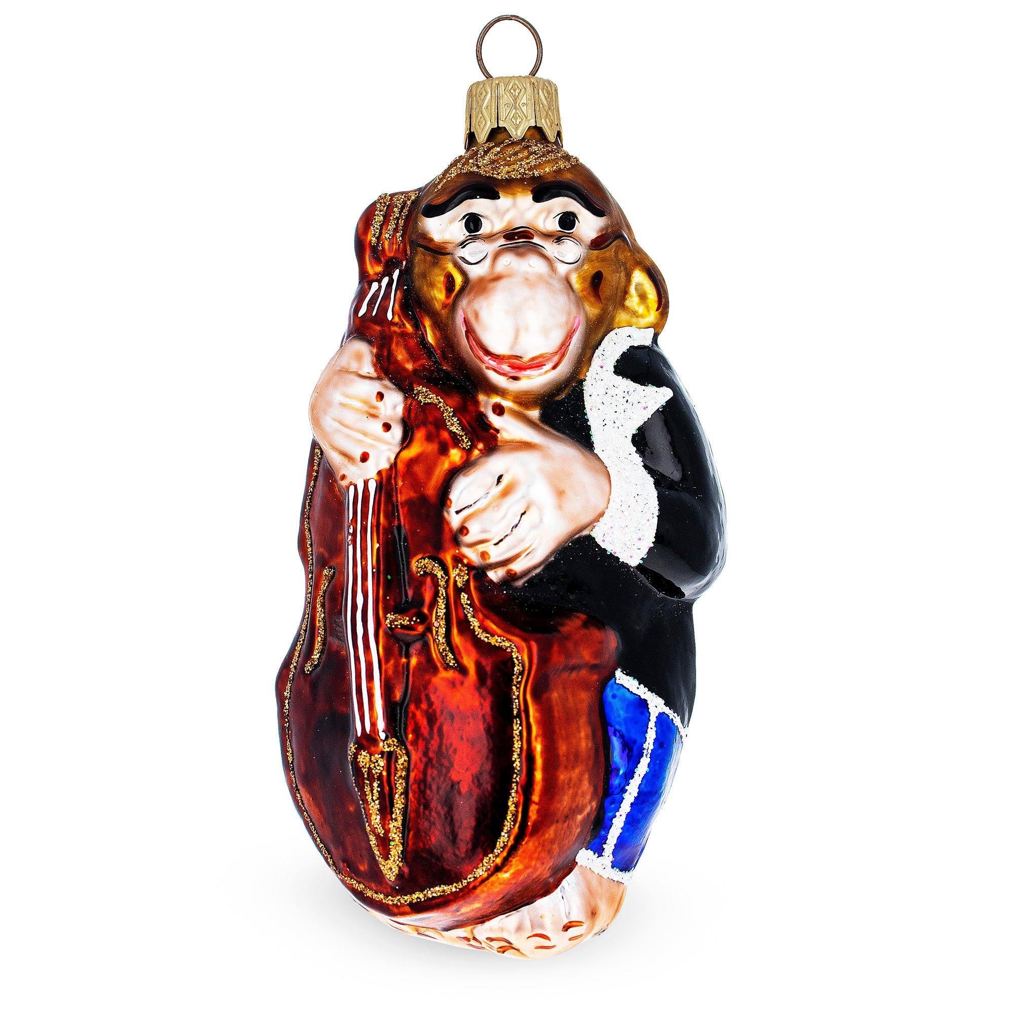 Monkey Playing Contrabass Glass Christmas Ornament