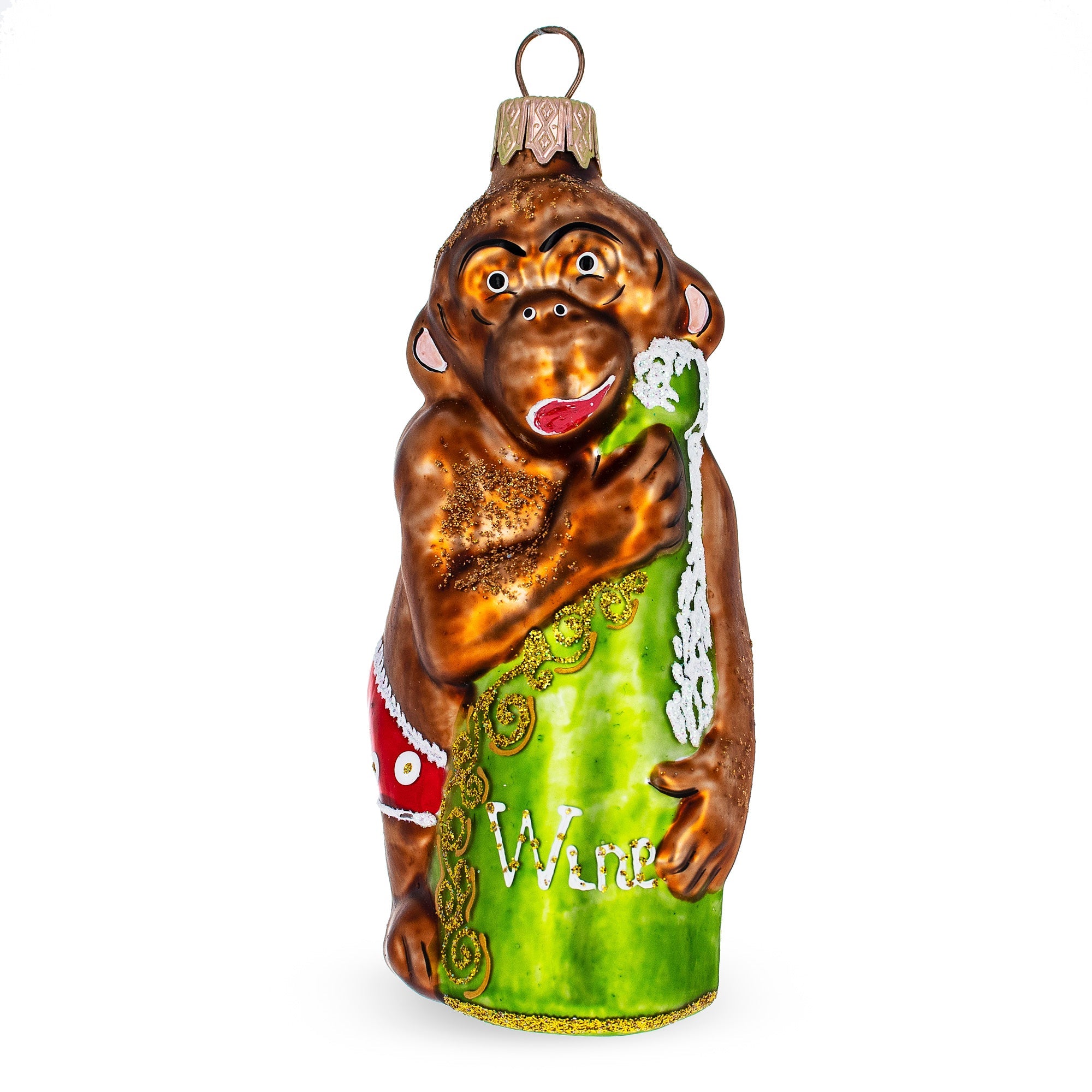 Monkey With Wine Bottle Glass Christmas Ornament