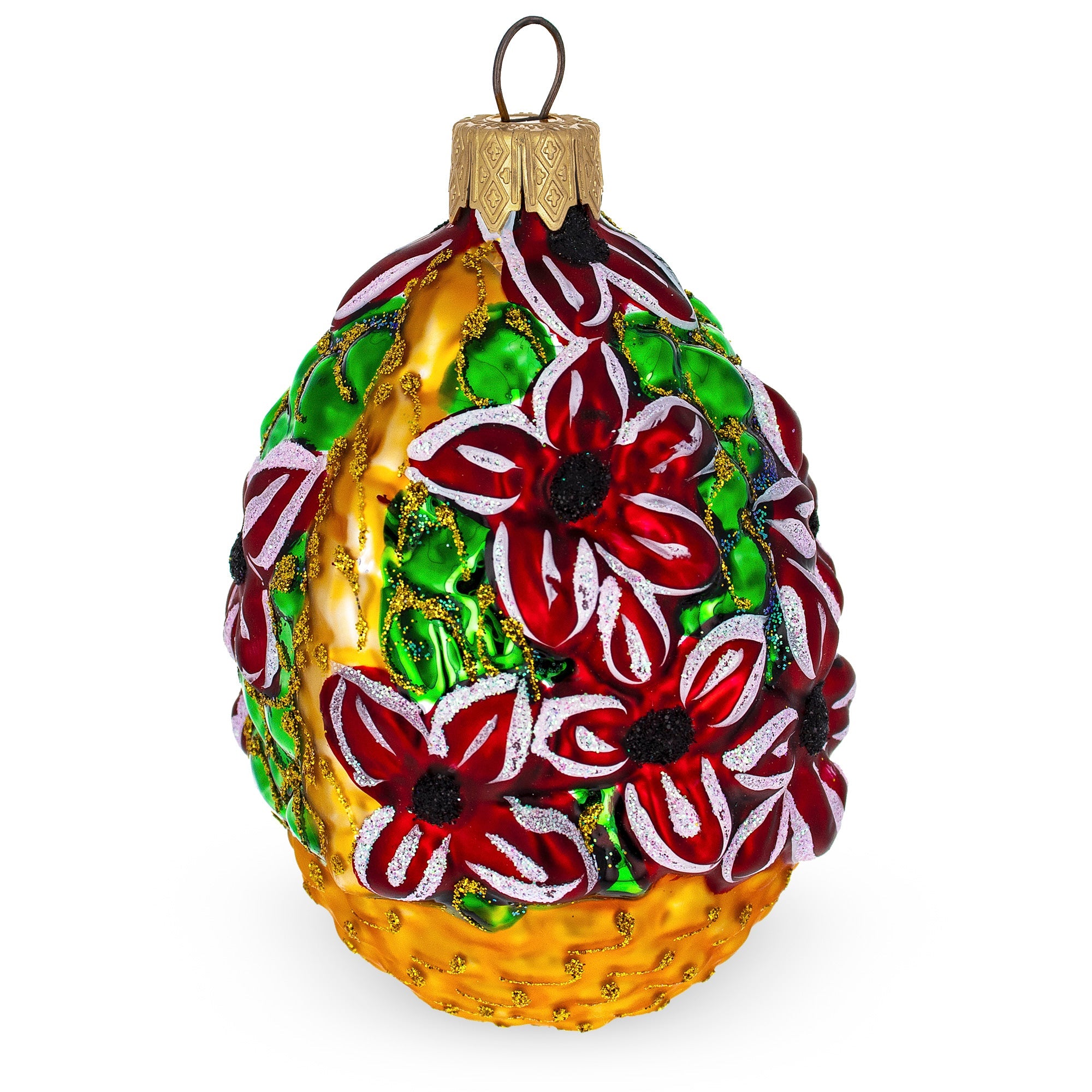 Red Flowers Bouquet In A Basket Glass Christmas Ornament