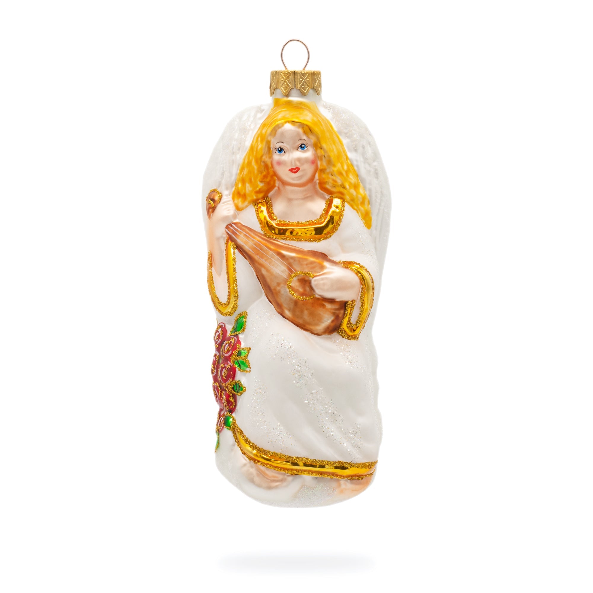 Angel Playing Harp Glass Christmas Ornament