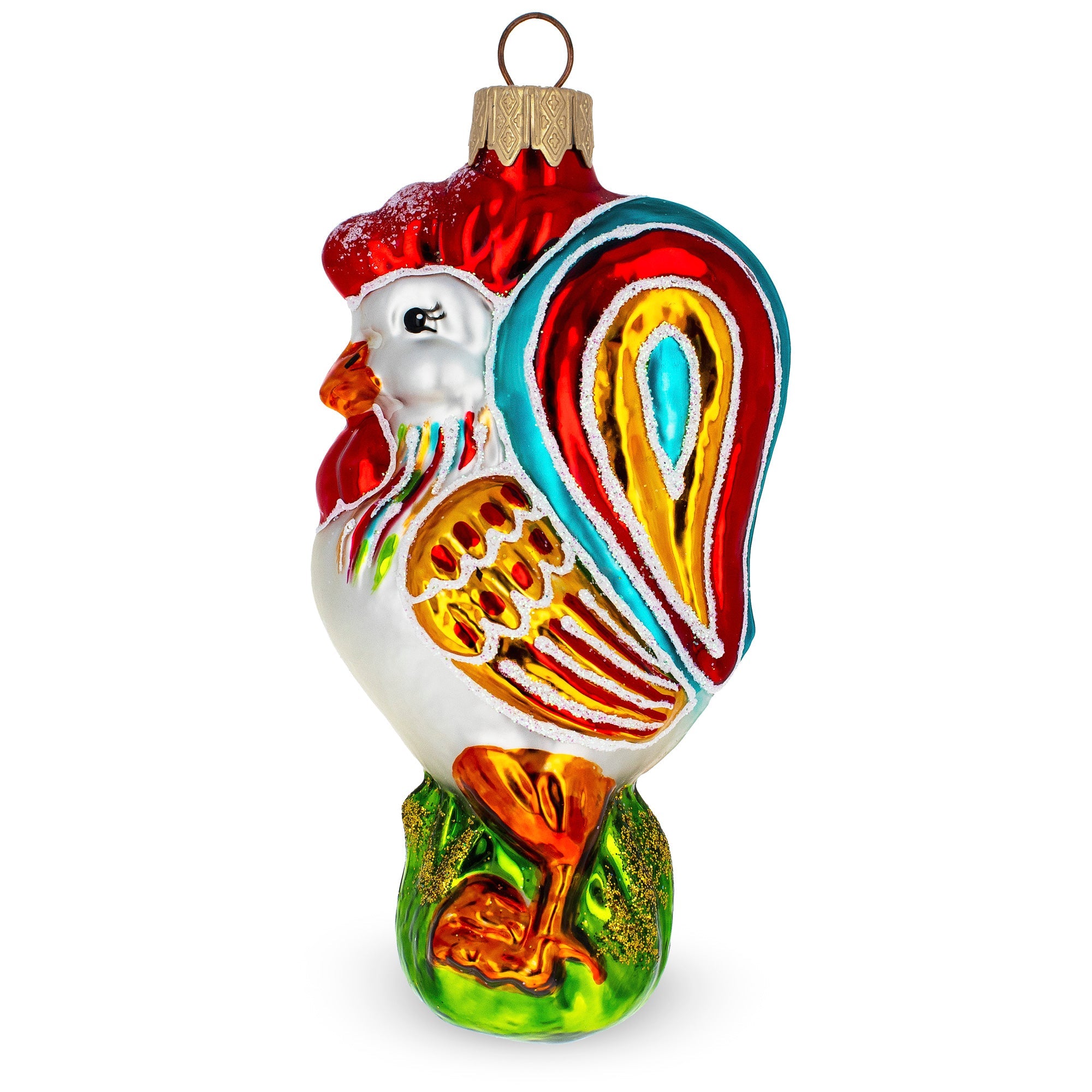 Vibrant And Colorful Rooster Glass Christmas Ornament