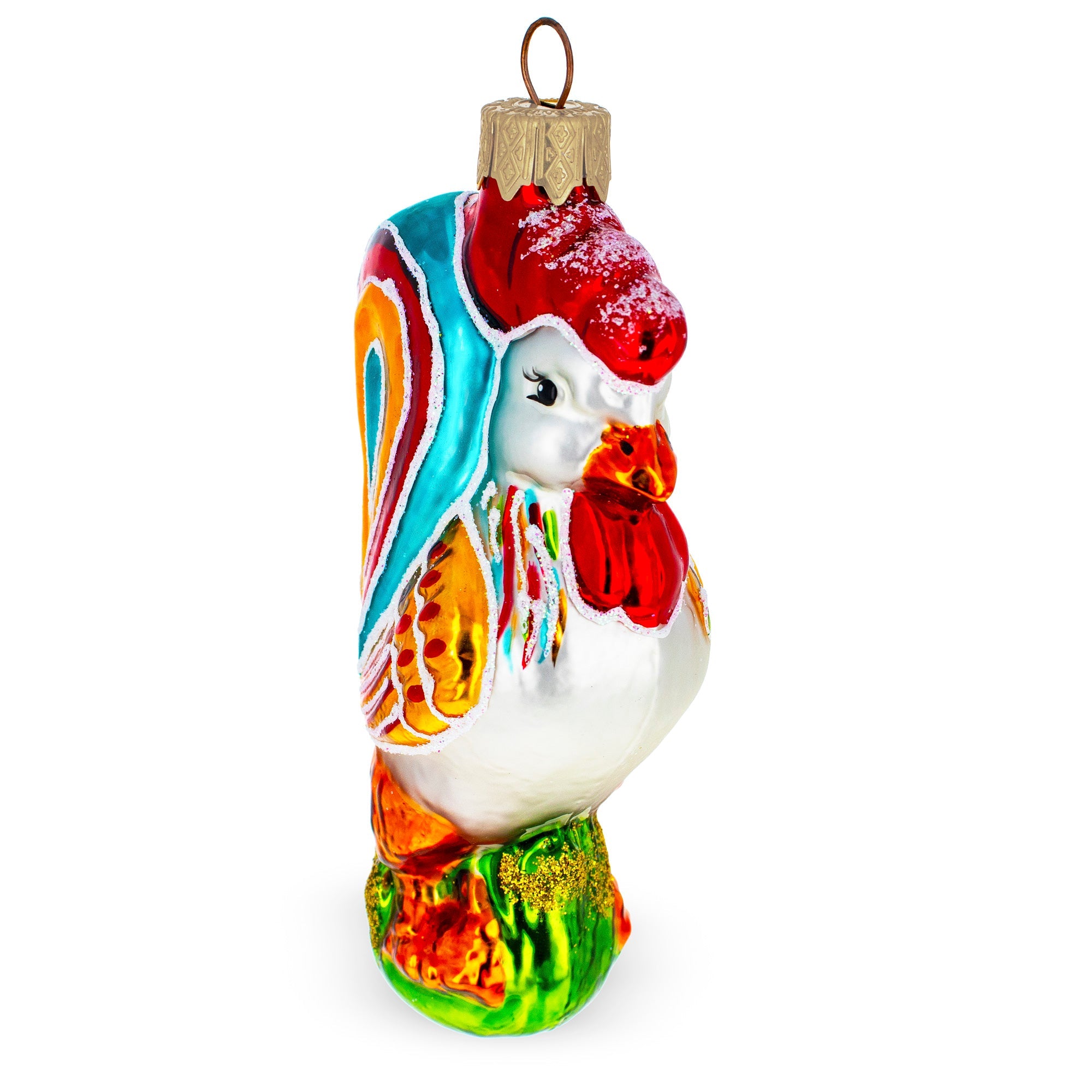 Vibrant And Colorful Rooster Glass Christmas Ornament