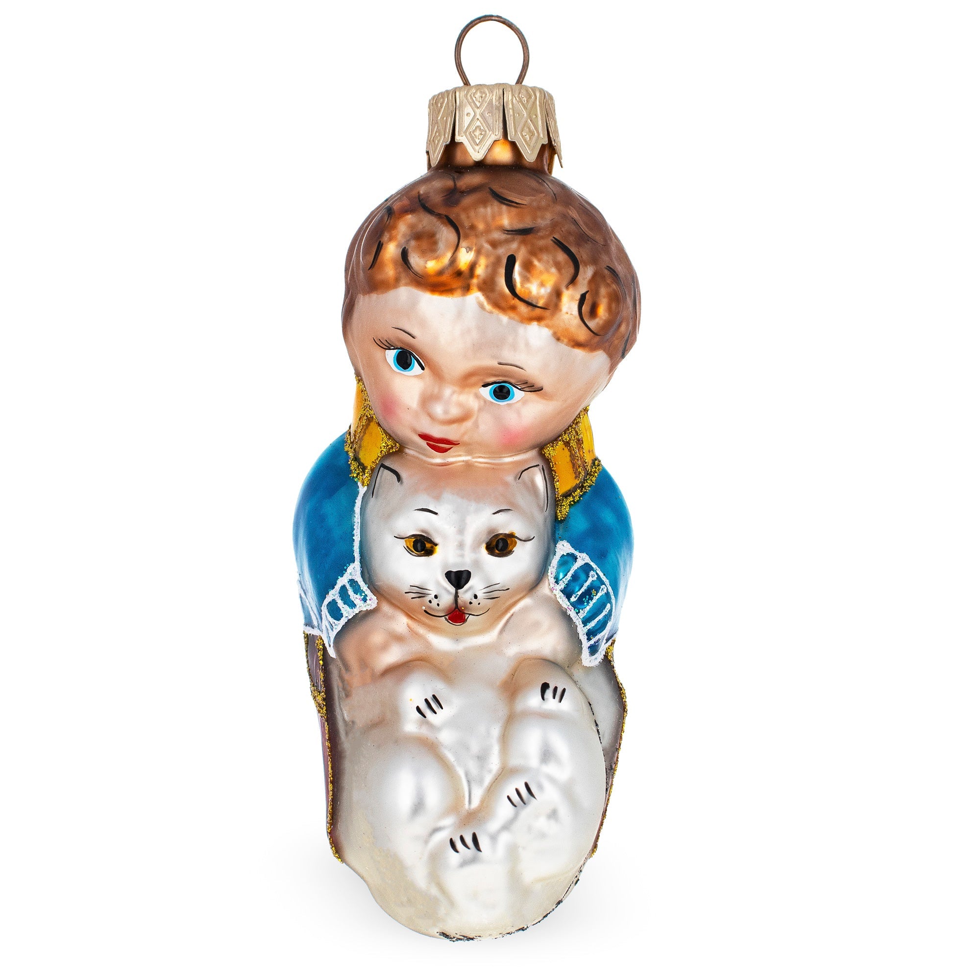 Boy Petting Cat Glass Christmas Ornament