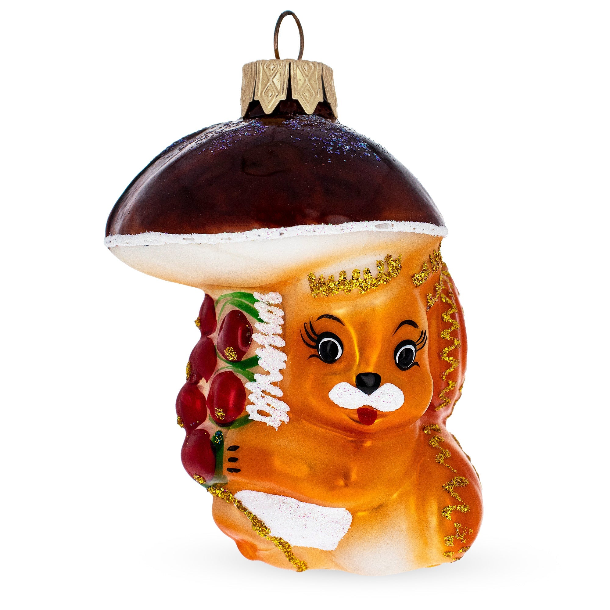 Squirrel Under Mushroom Glass Christmas Ornament