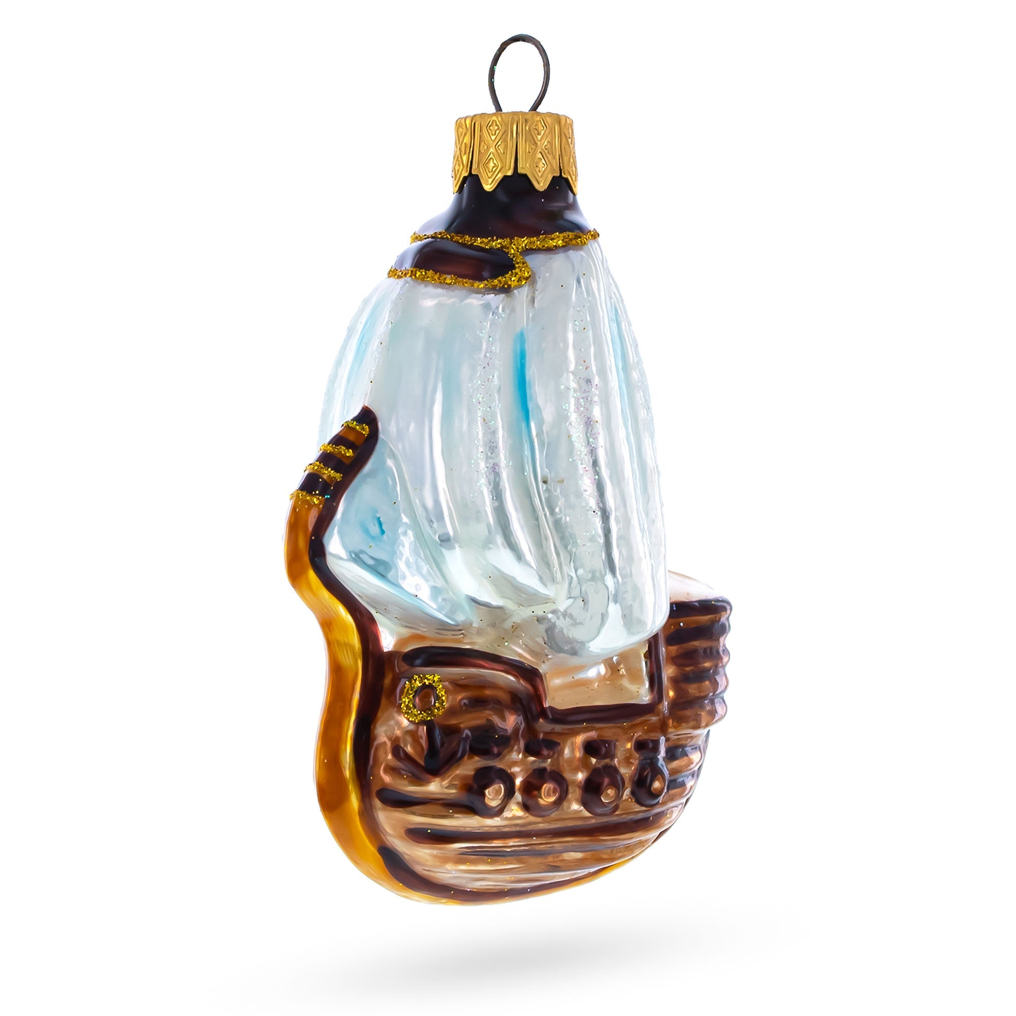 White Sail Tall Ship Glass Christmas Ornament