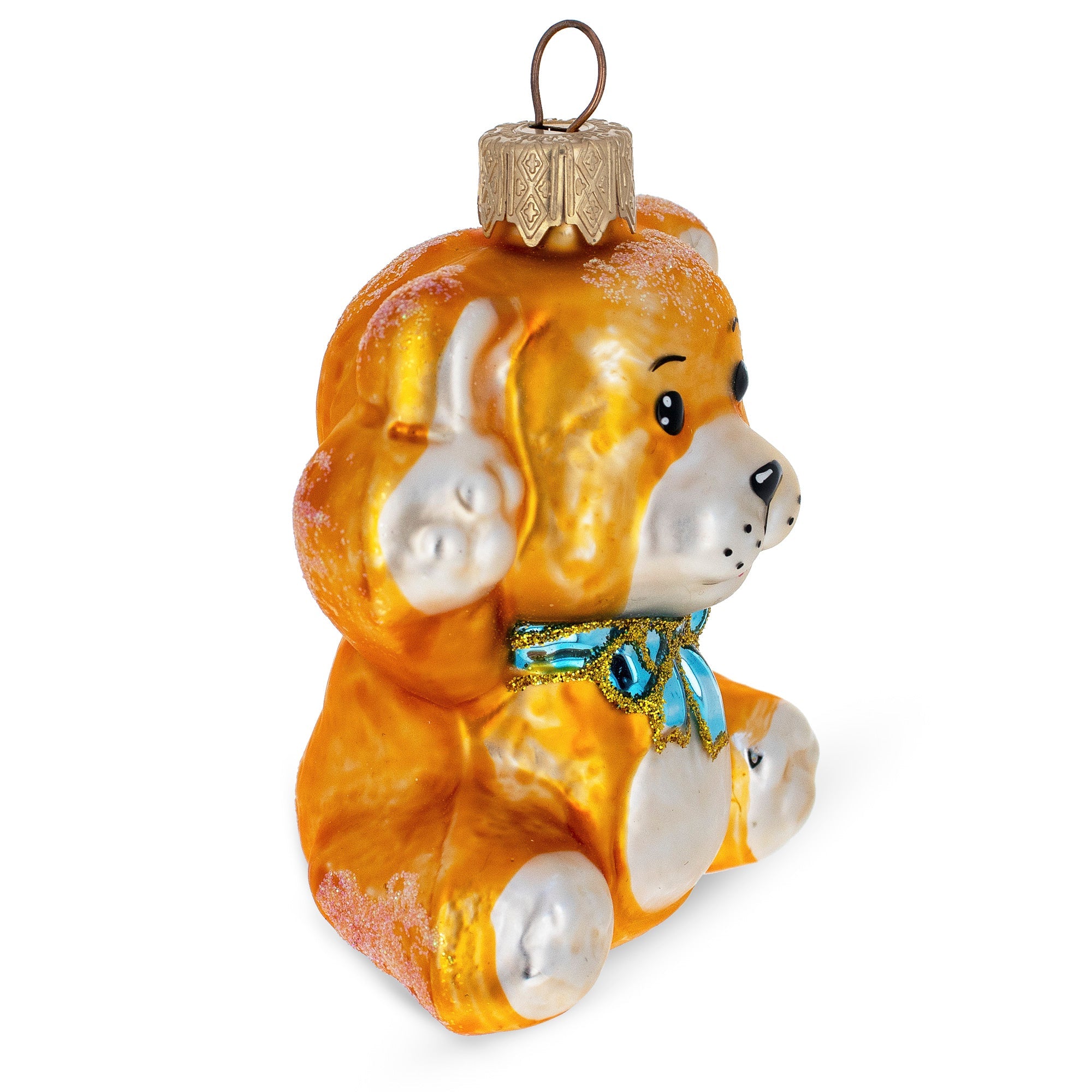 Teddy Bear With Blue Bow Glass Christmas Ornament