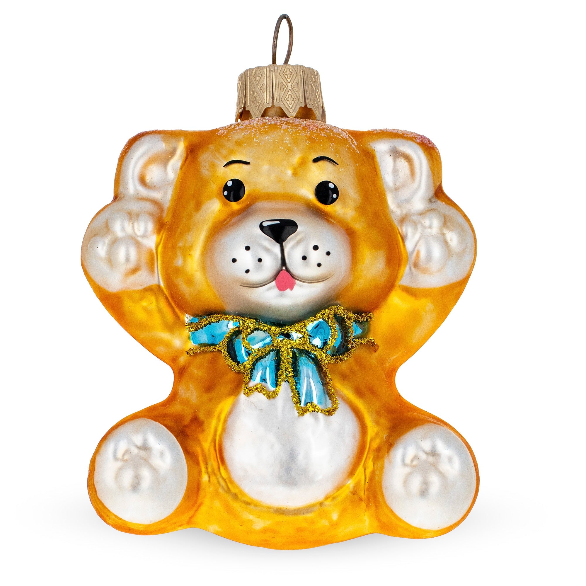 Teddy Bear With Blue Bow Glass Christmas Ornament