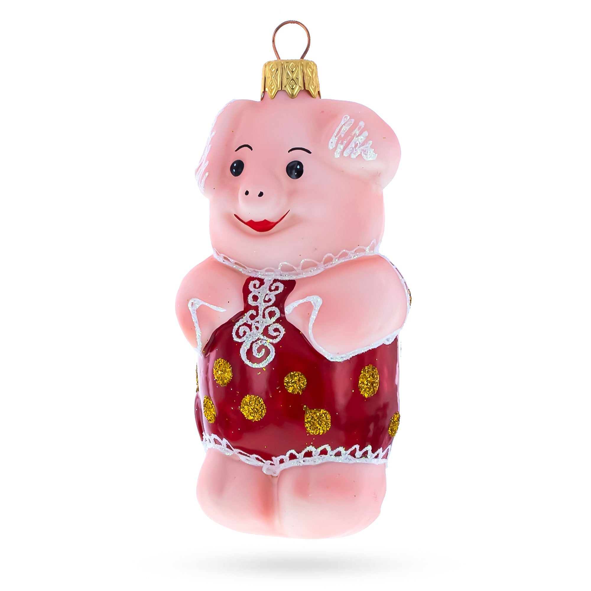 Pig Wearing Red Dress Glass Christmas Ornament