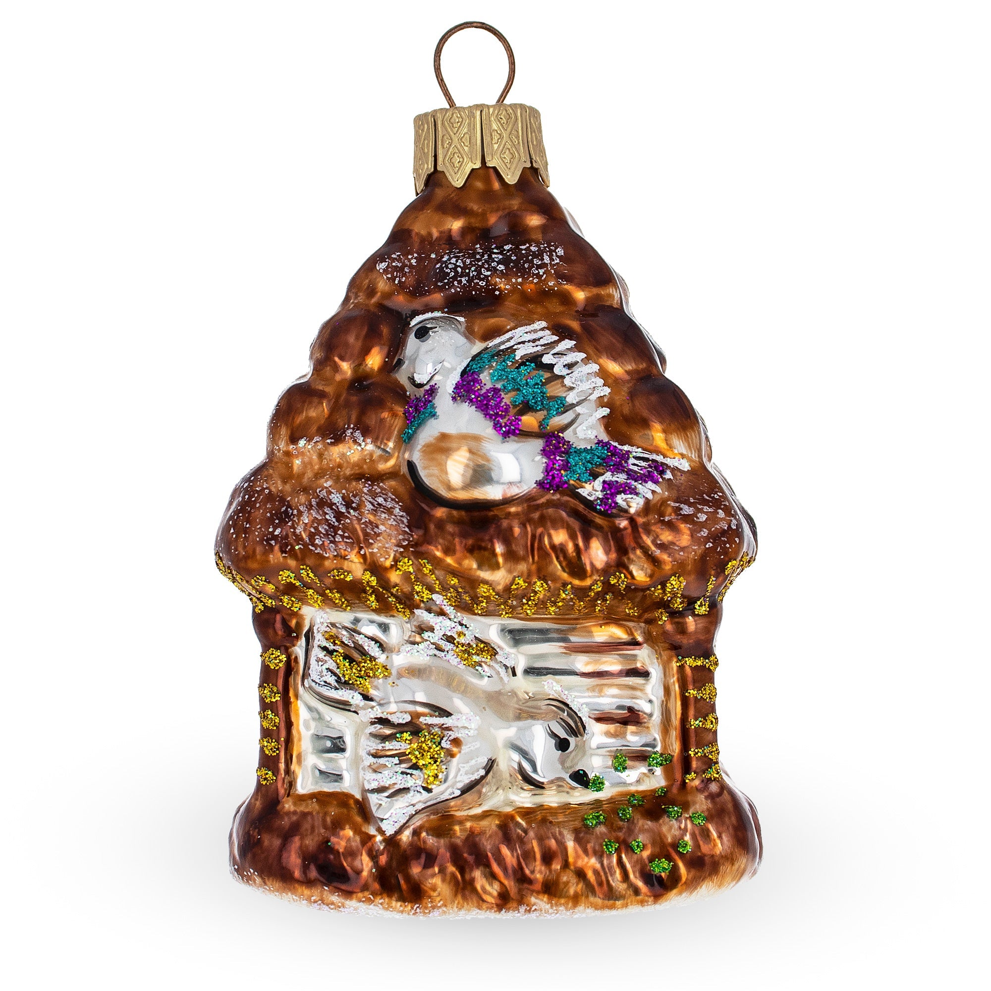 Birds Nestled In A Birdhouse Glass Christmas Ornament