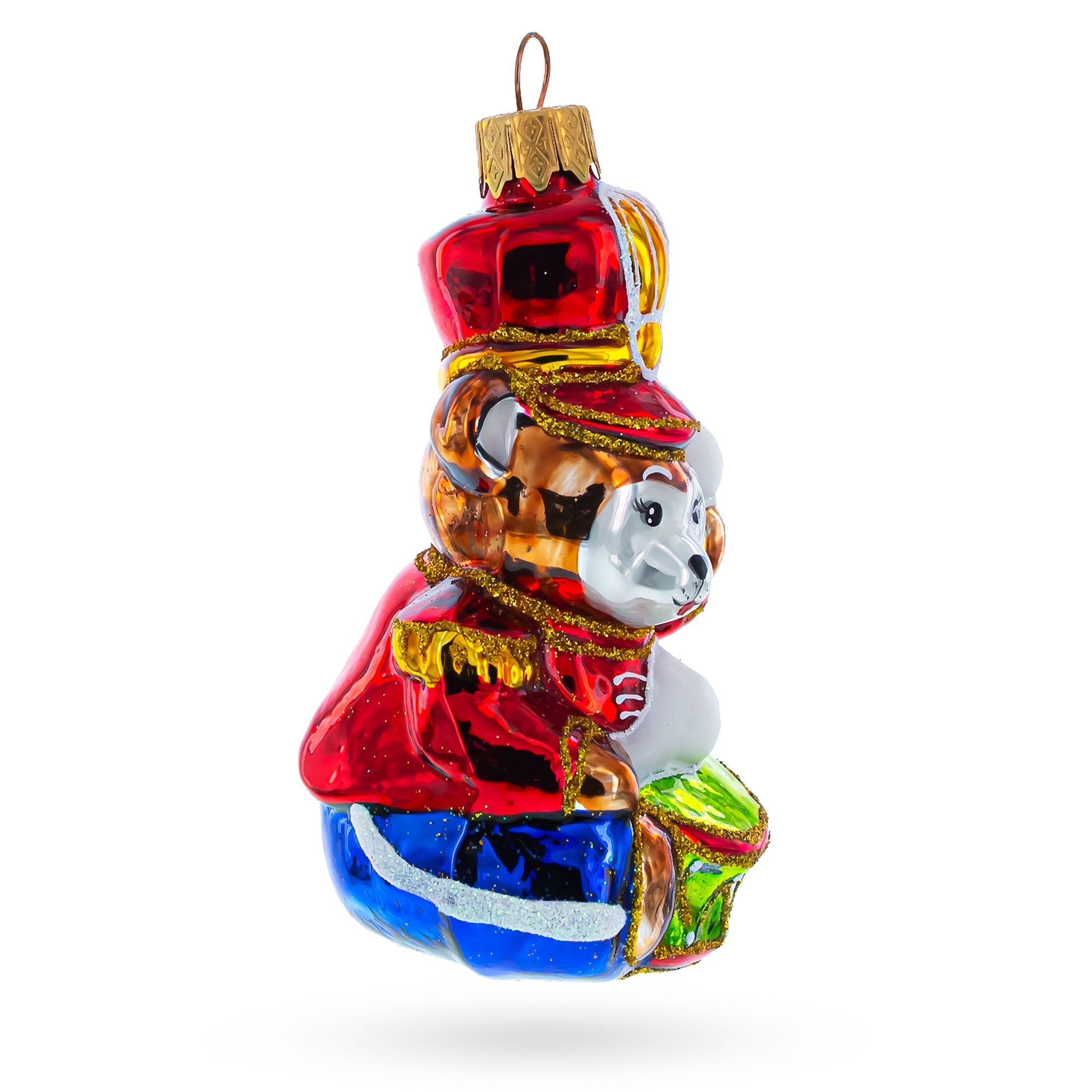 Bear Cub Drummer Glass Christmas Ornament