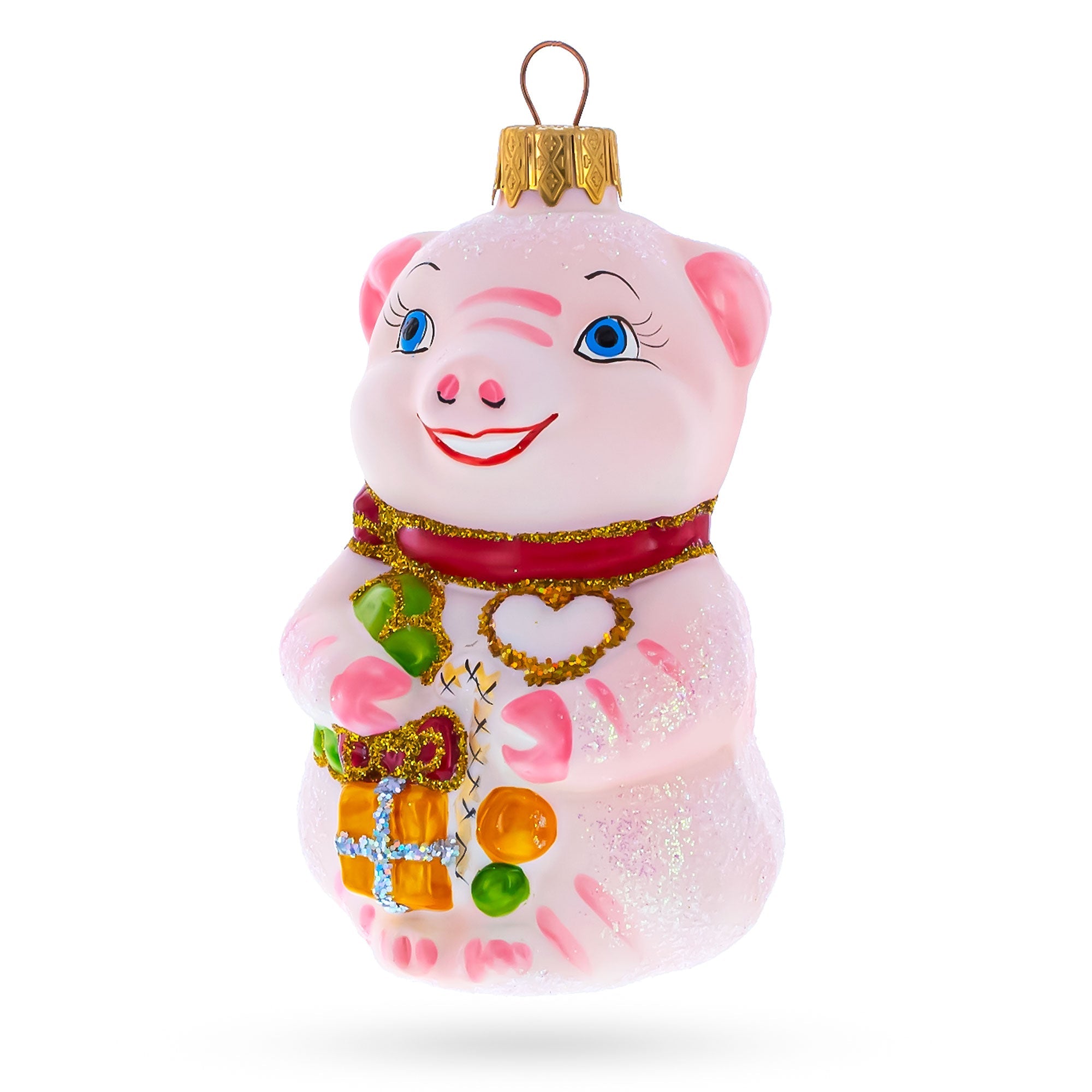 Happy Pig With Gifts Glass Christmas Ornament