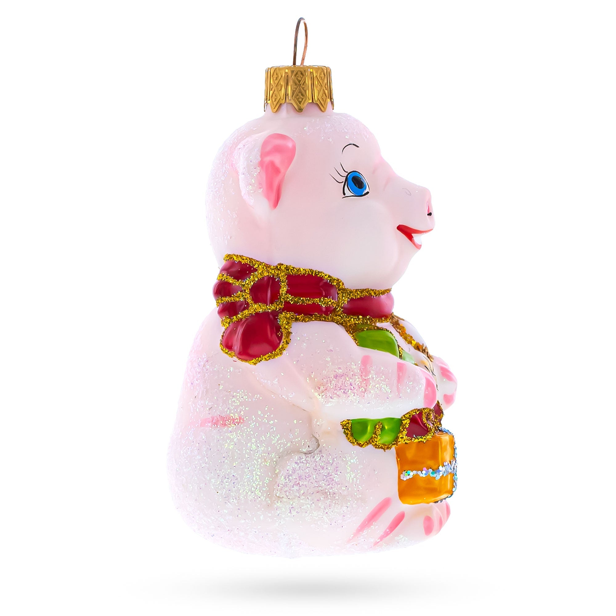 Happy Pig With Gifts Glass Christmas Ornament