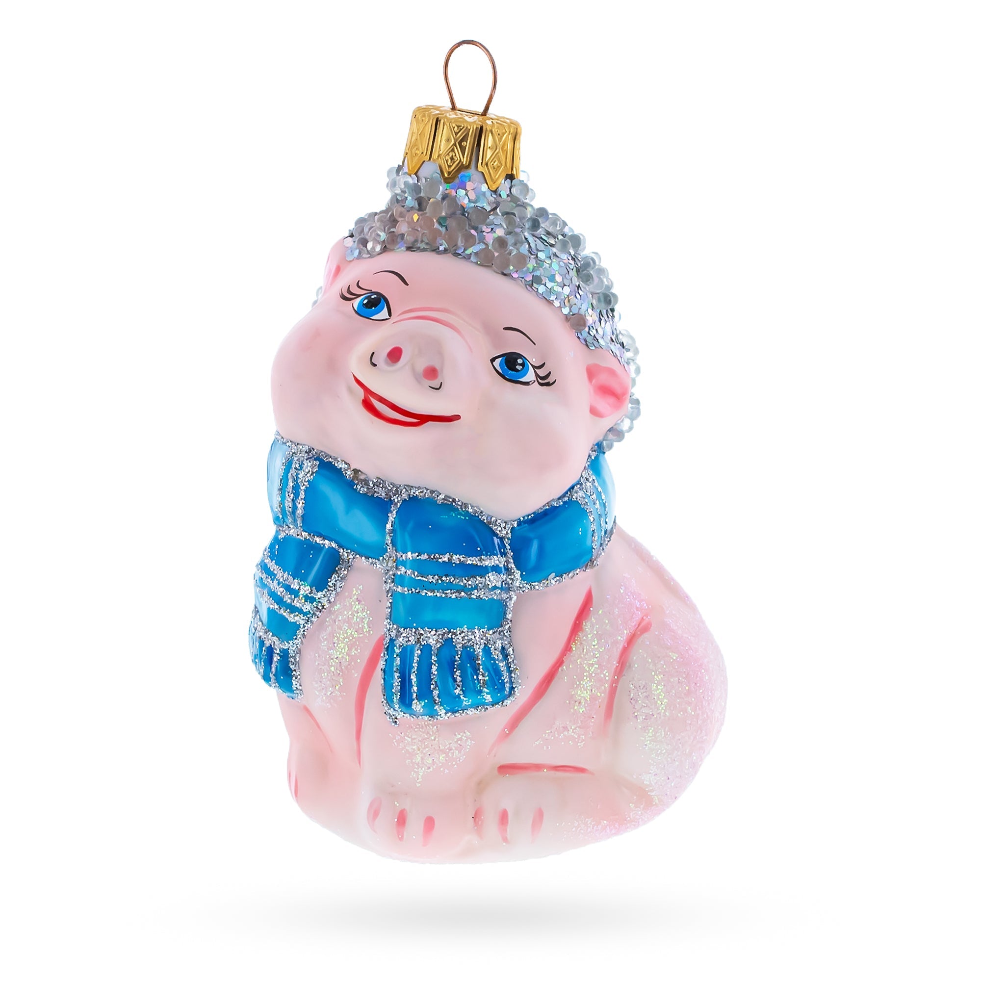 Happy Piglet With Blue Scarf Glass Christmas Ornament