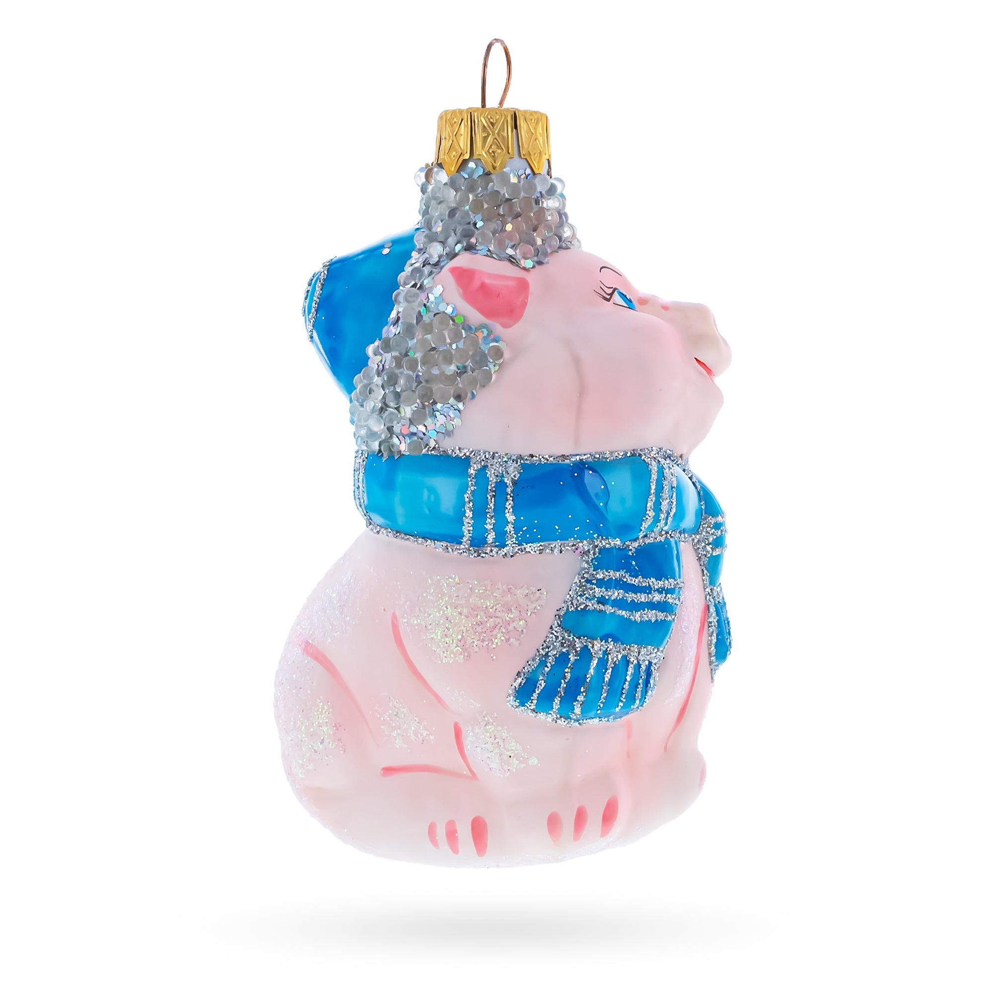 Happy Piglet With Blue Scarf Glass Christmas Ornament