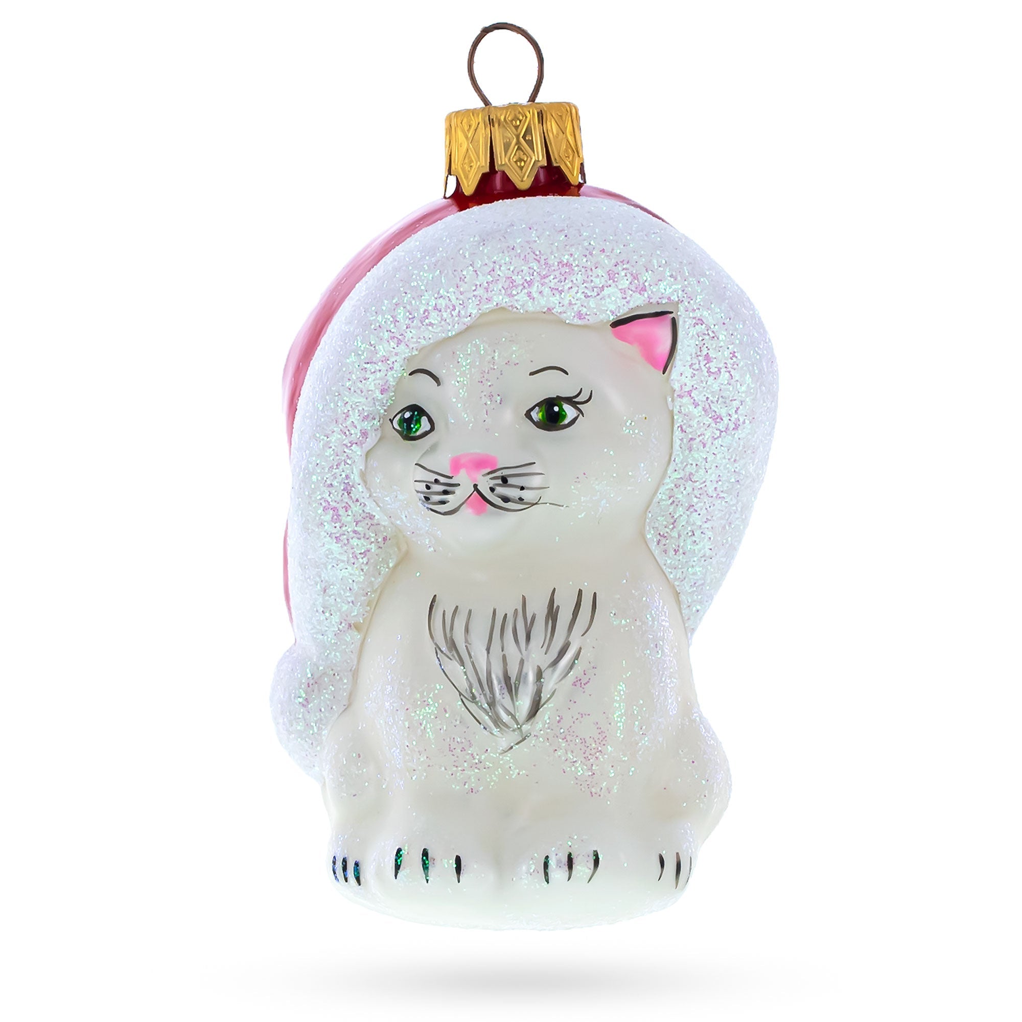 White Cat In Santa Hat Glass Christmas Ornament