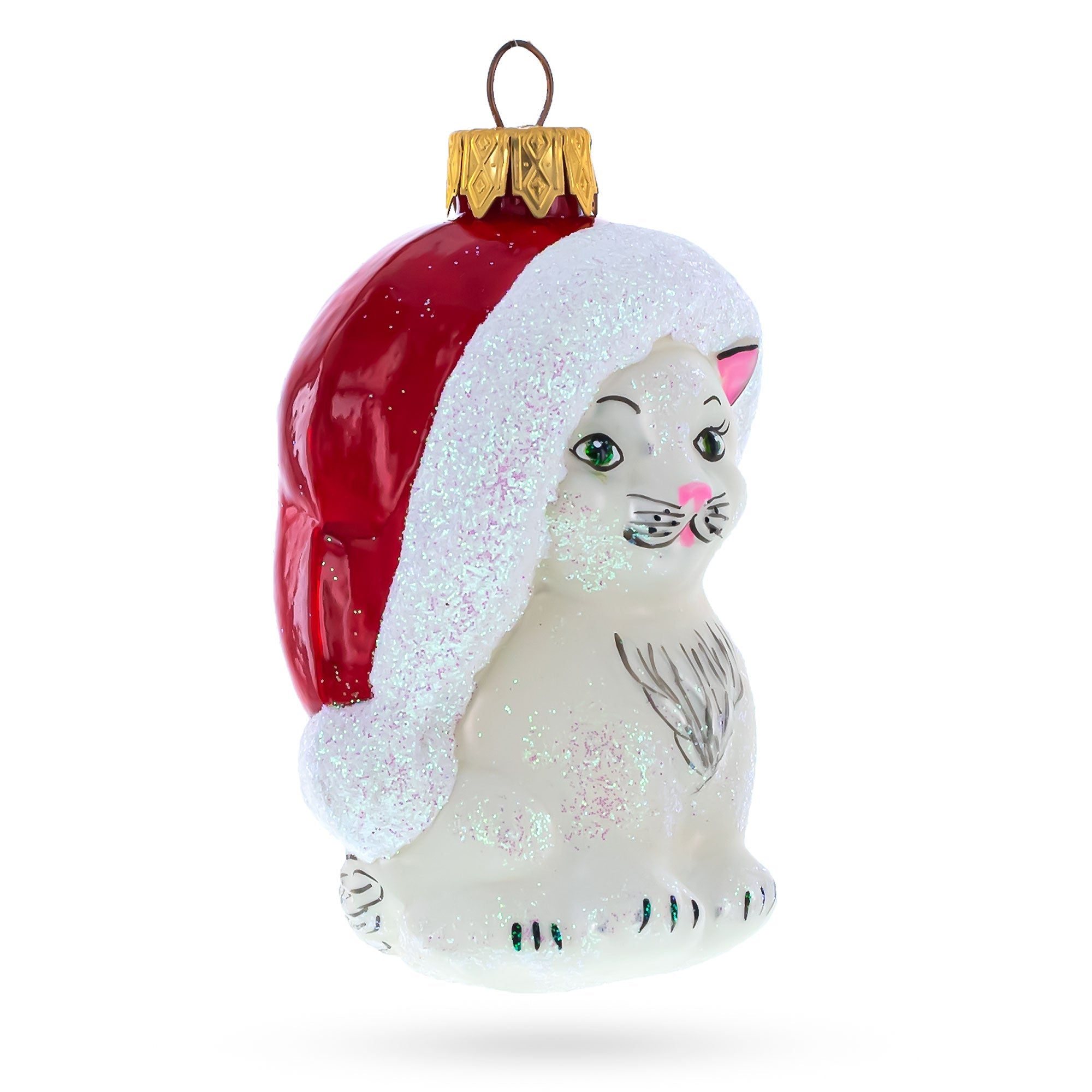 White Cat In Santa Hat Glass Christmas Ornament