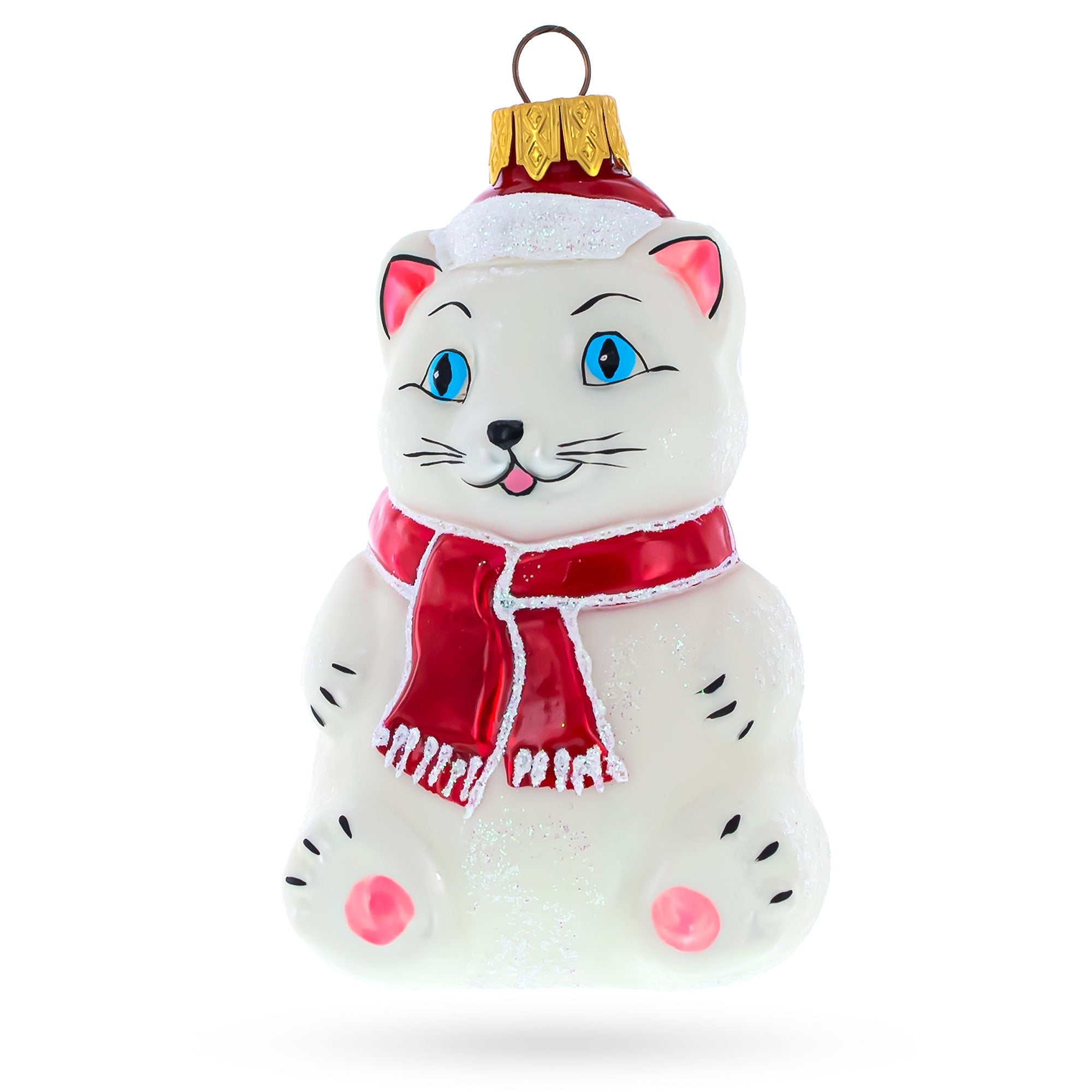 White Cat Wearing Red Scarf Glass Christmas Ornament