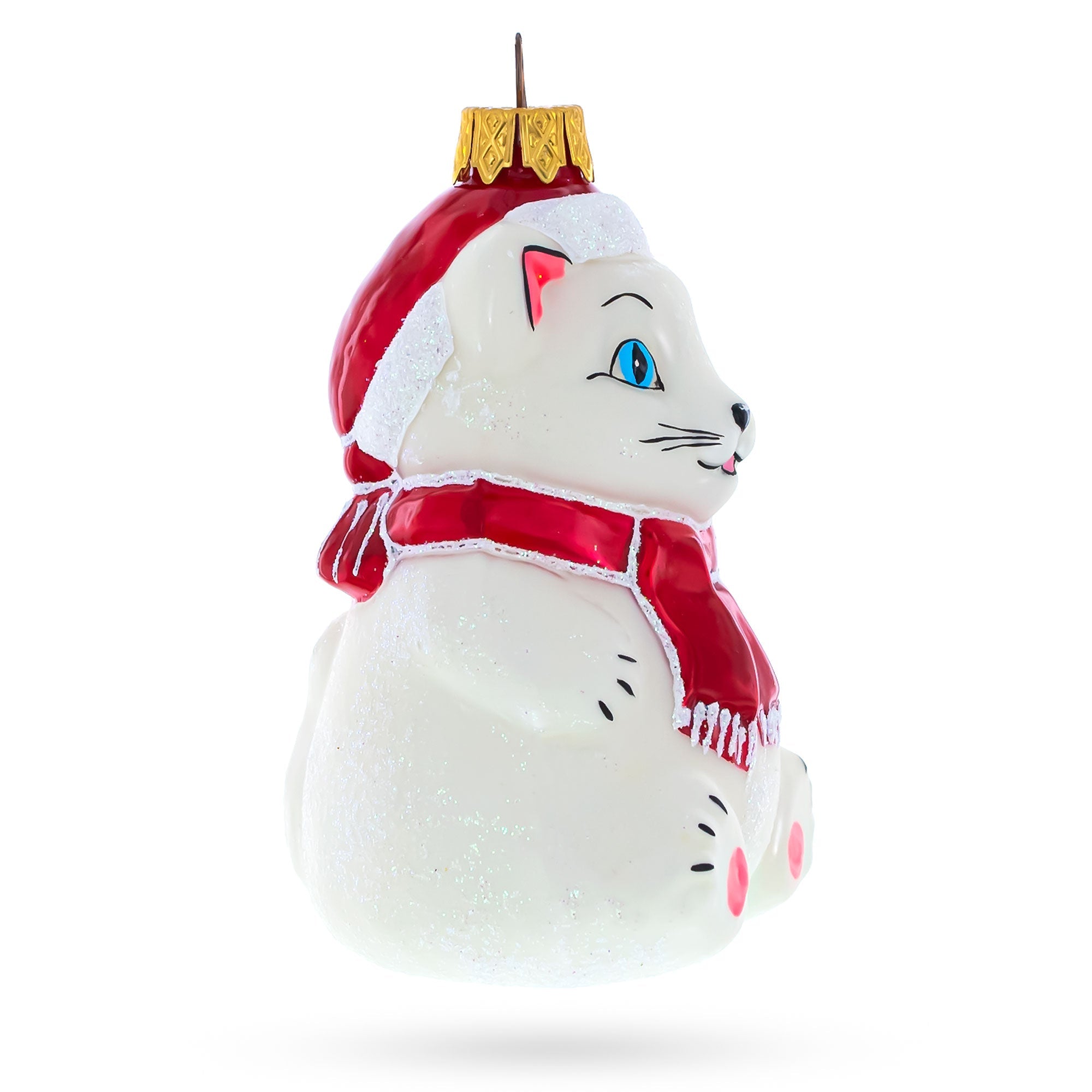 White Cat Wearing Red Scarf Glass Christmas Ornament