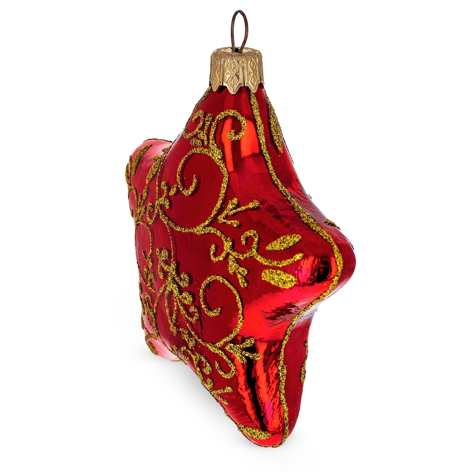 Glossy Red Star With Gold Pattern Glass Christmas Ornament