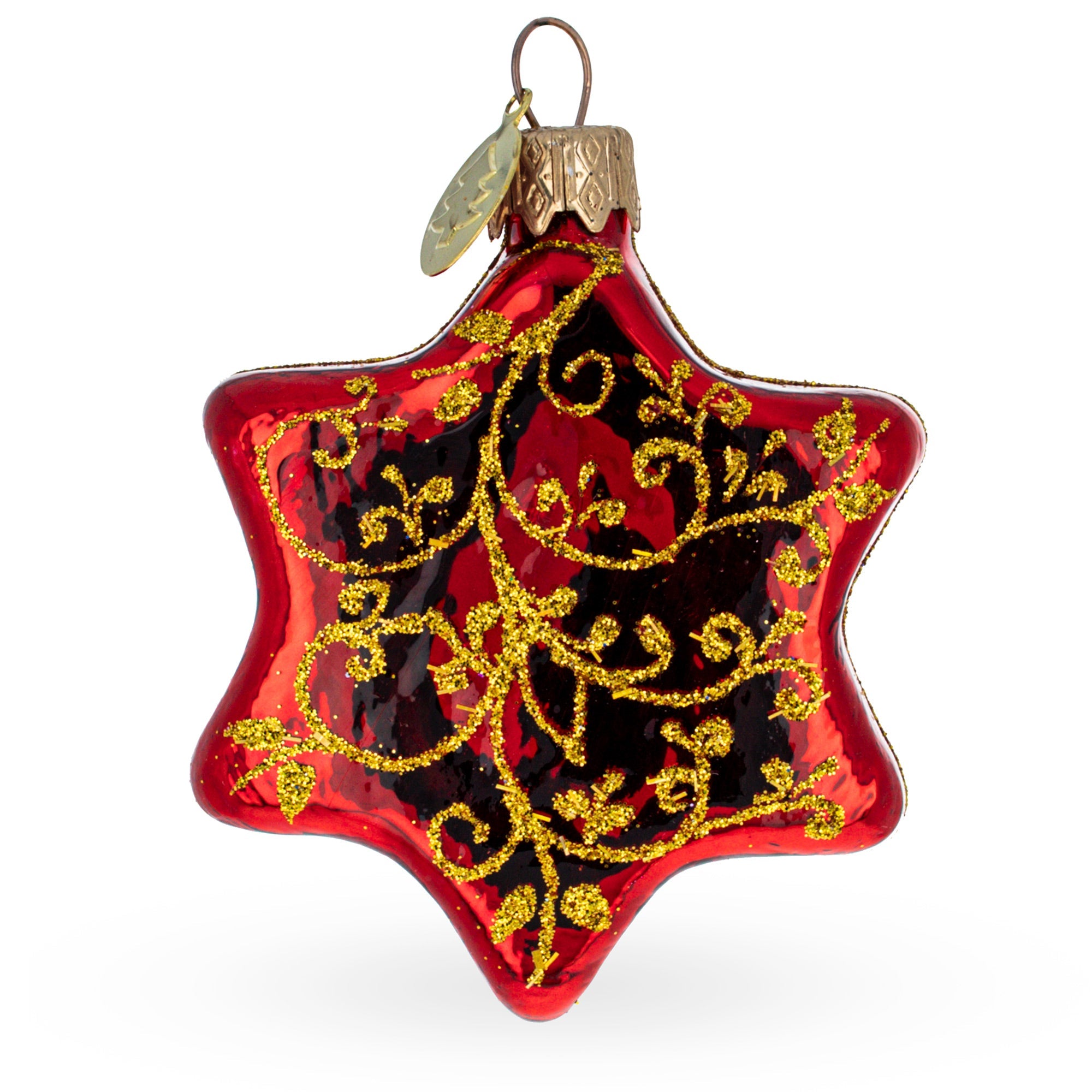 Glossy Red Hexagon With Golden Pattern Glass Christmas Ornament