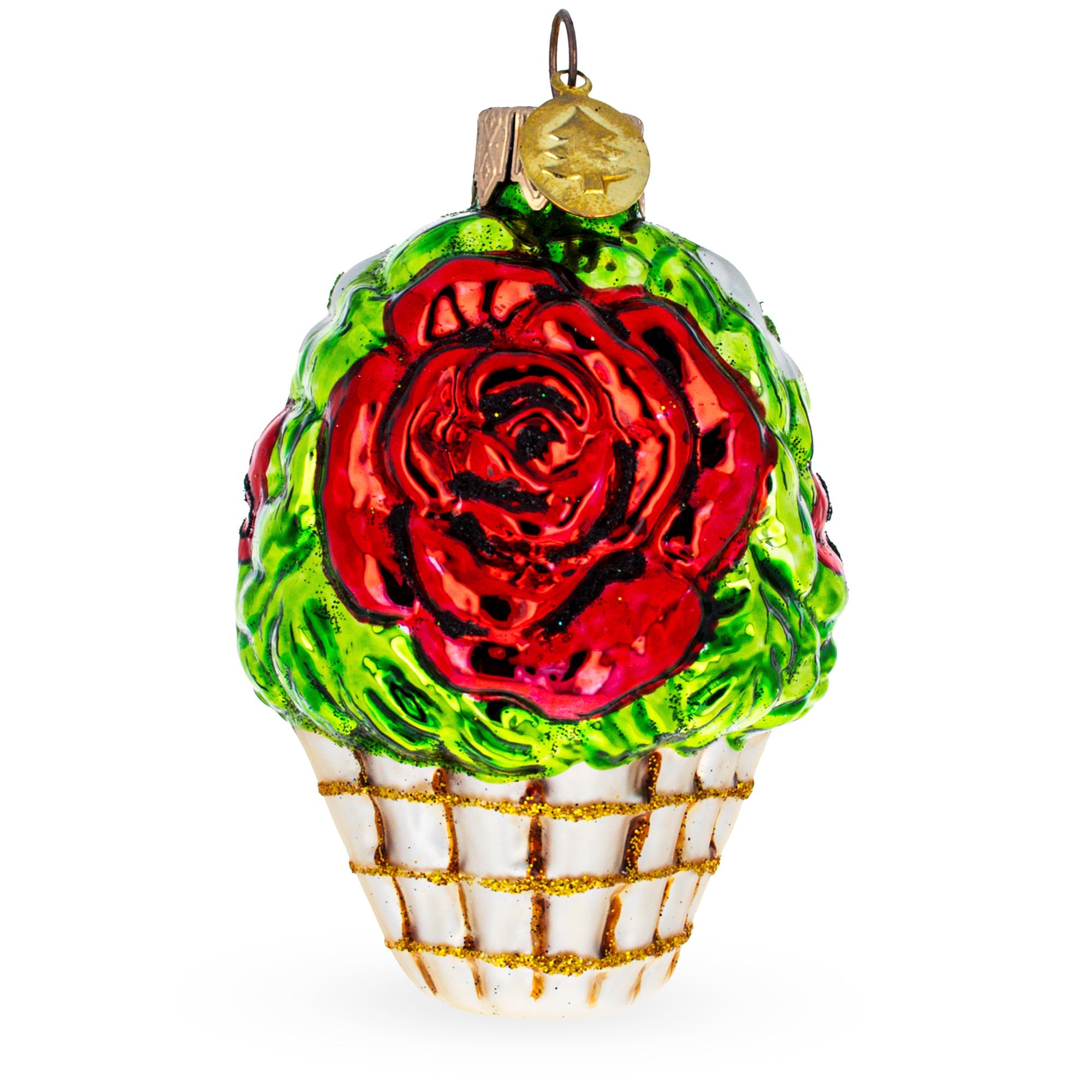 Red Flowers In White Basket Glass Christmas Ornament