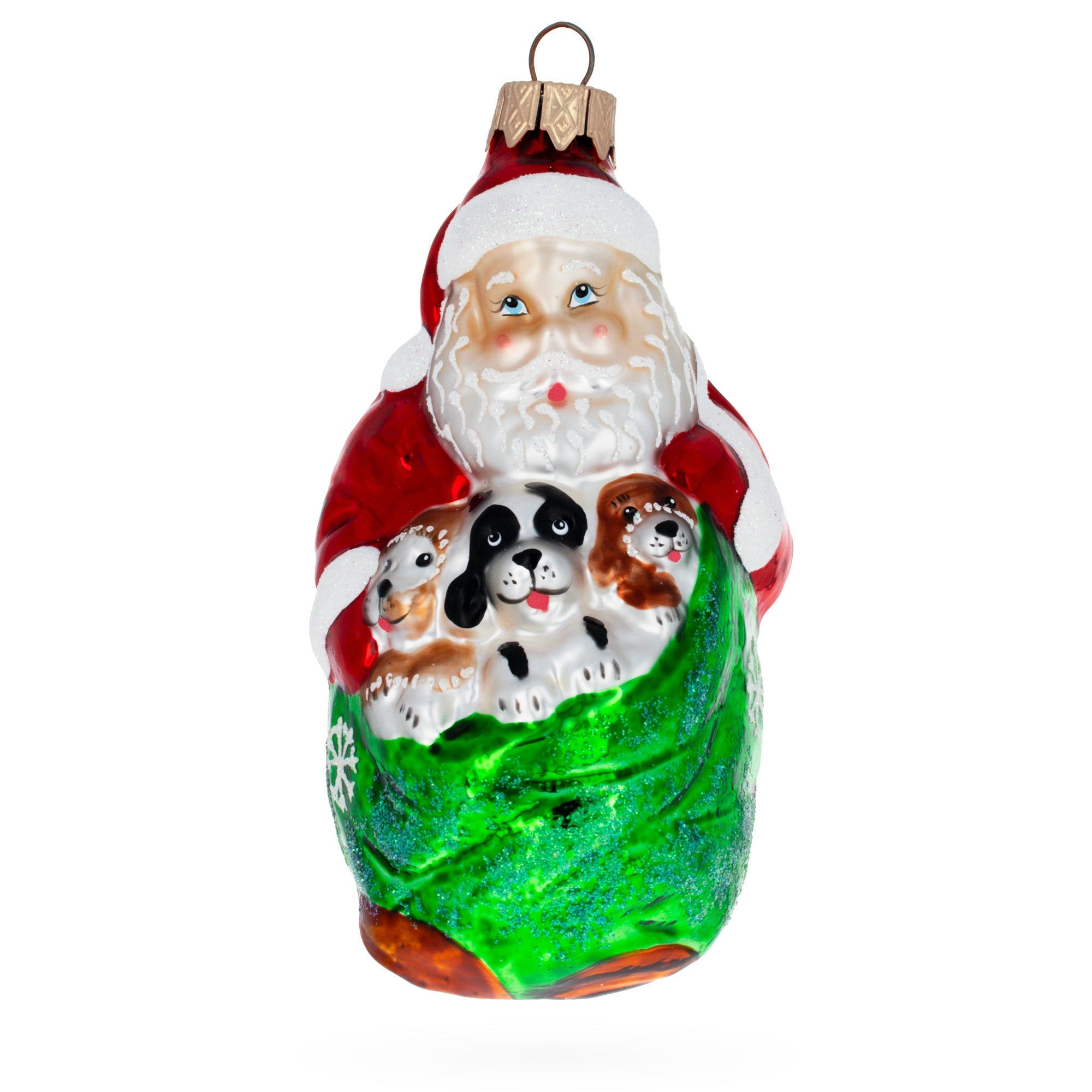 Santa With 3 Puppies Glass Christmas Ornament