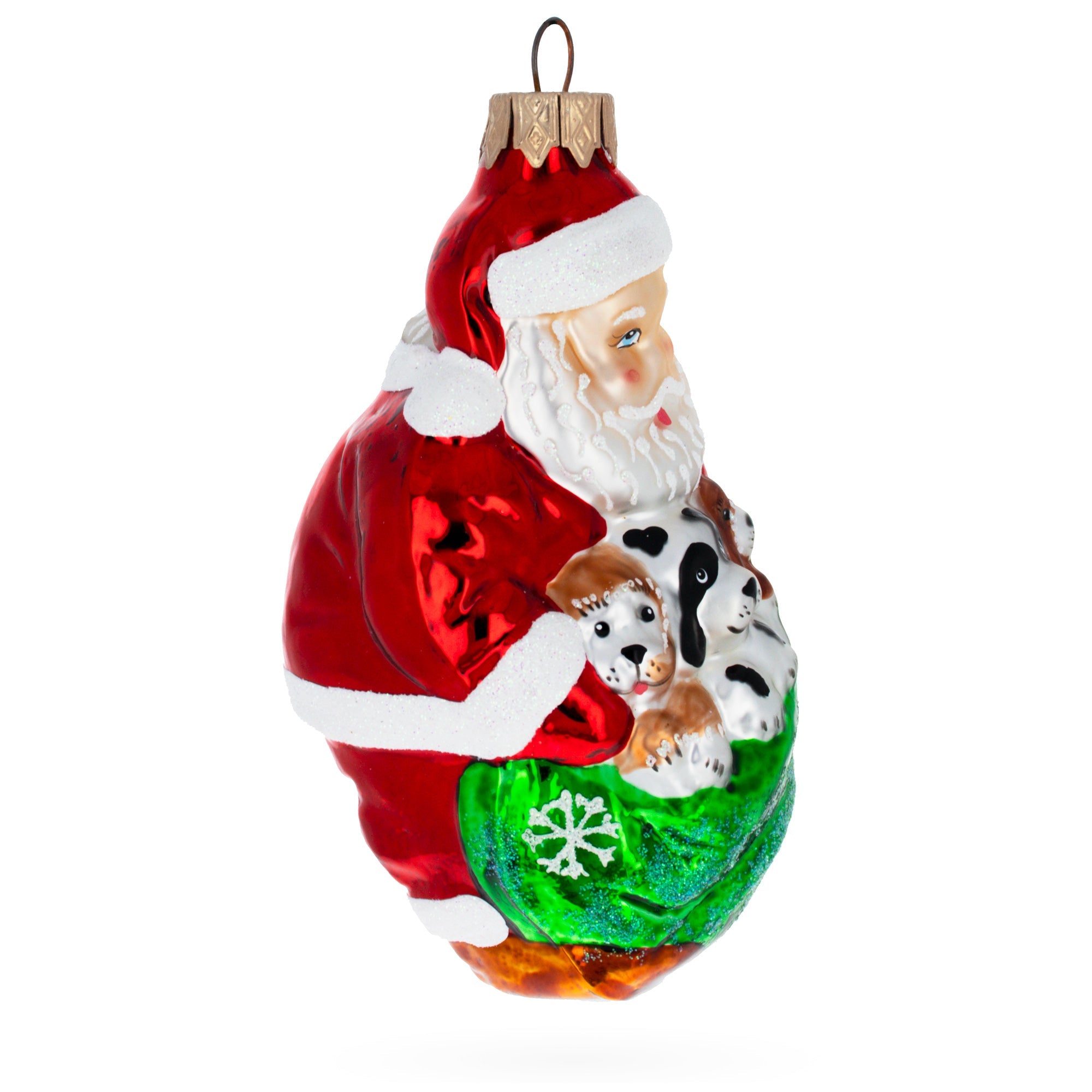 Santa With 3 Puppies Glass Christmas Ornament