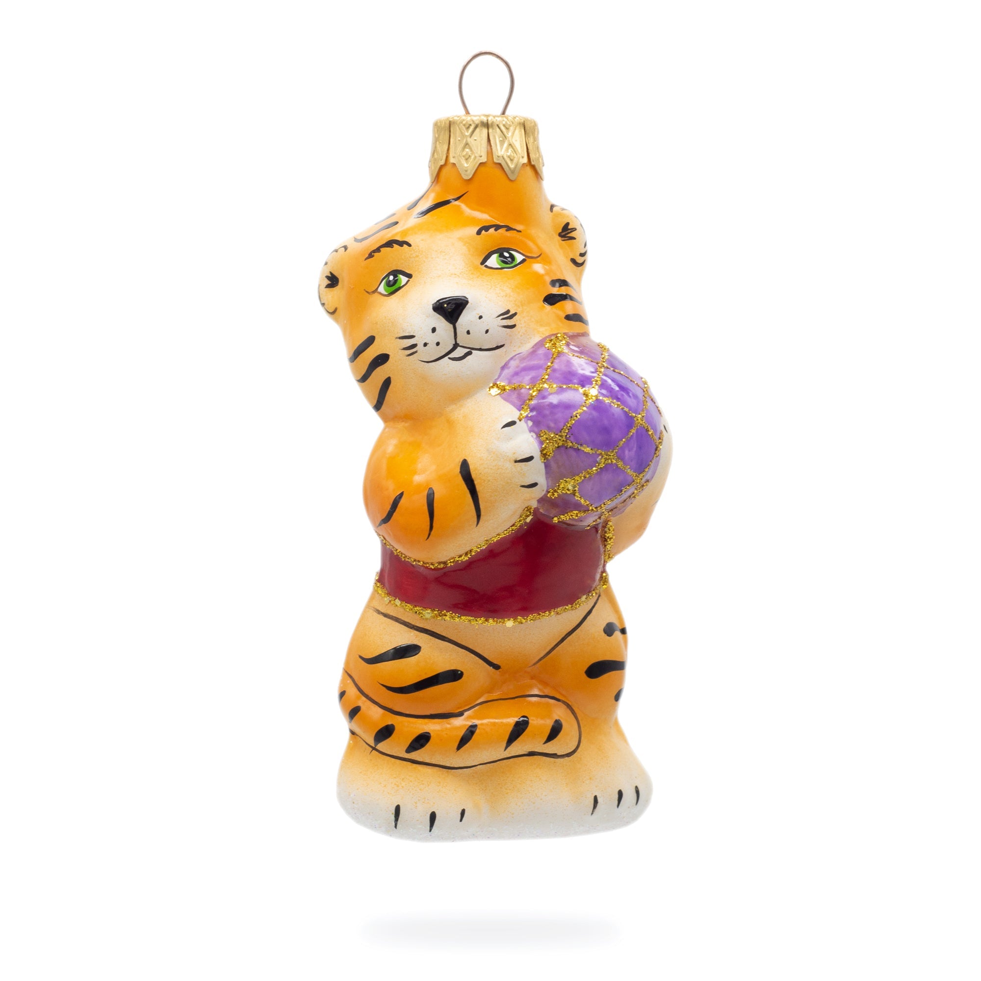 Tiger Cub With Ball Glass Christmas Ornament