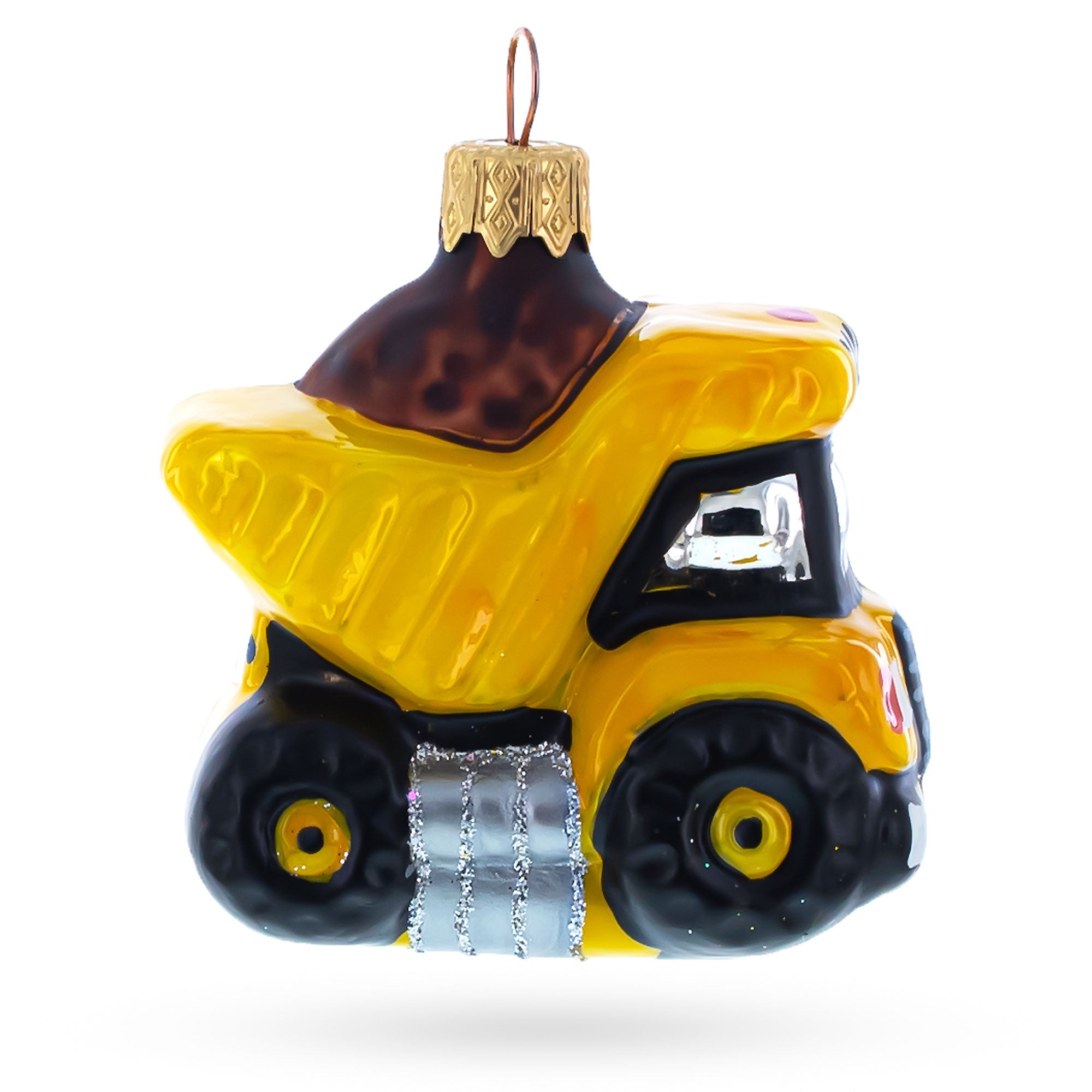 Yellow Dump Truck Glass Christmas Ornament