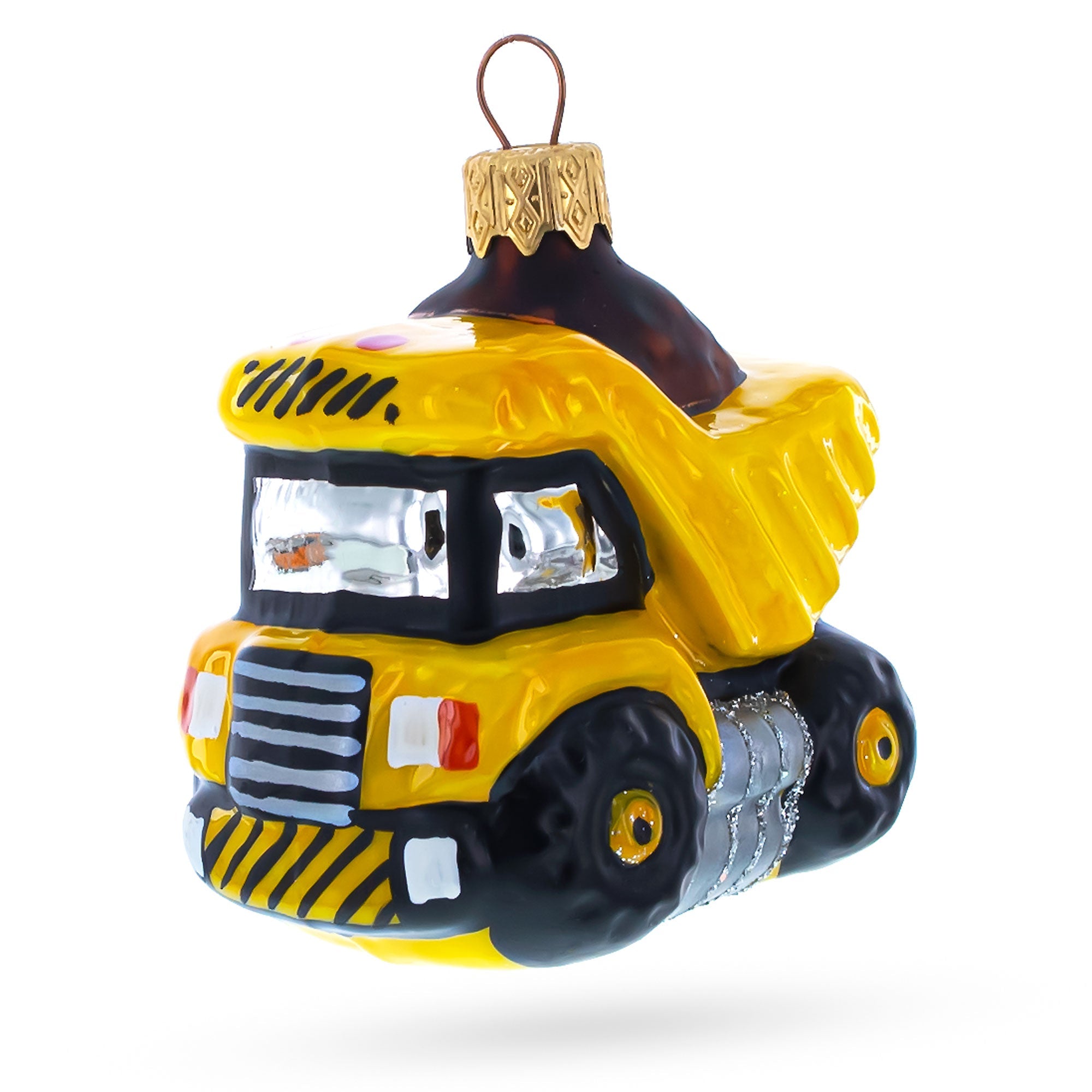 Yellow Dump Truck Glass Christmas Ornament