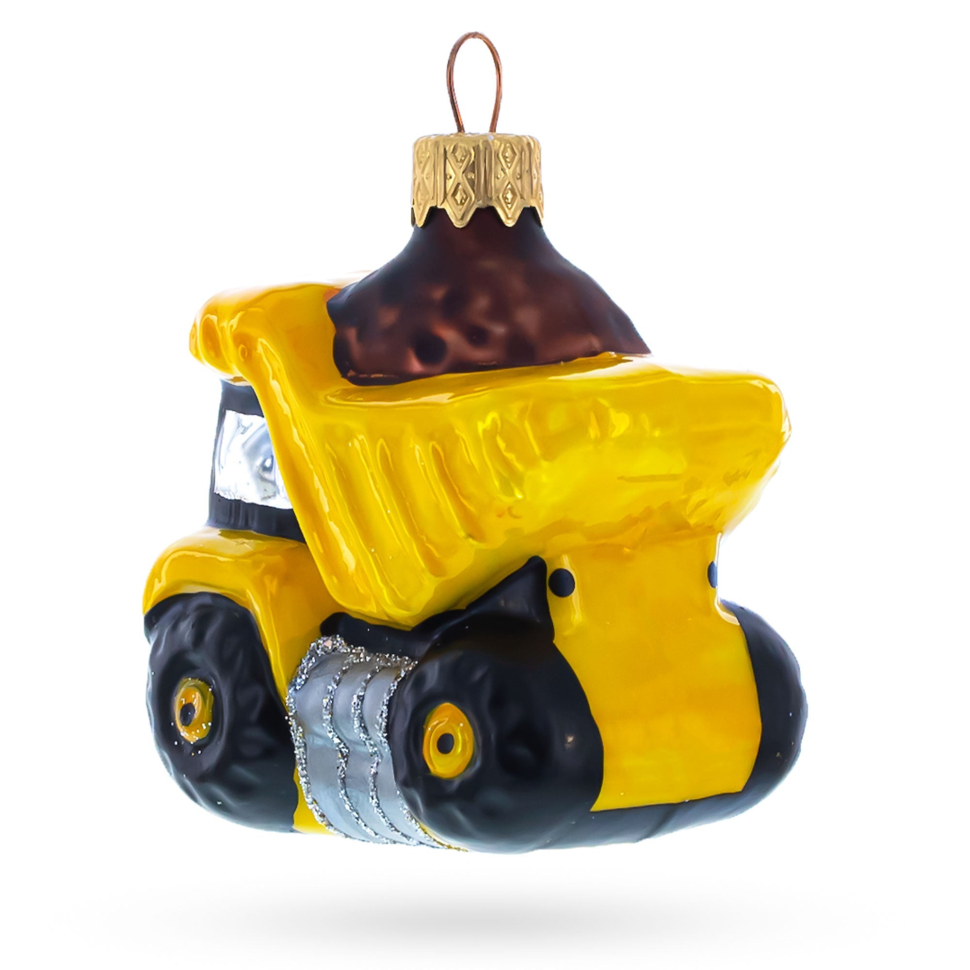 Yellow Dump Truck Glass Christmas Ornament