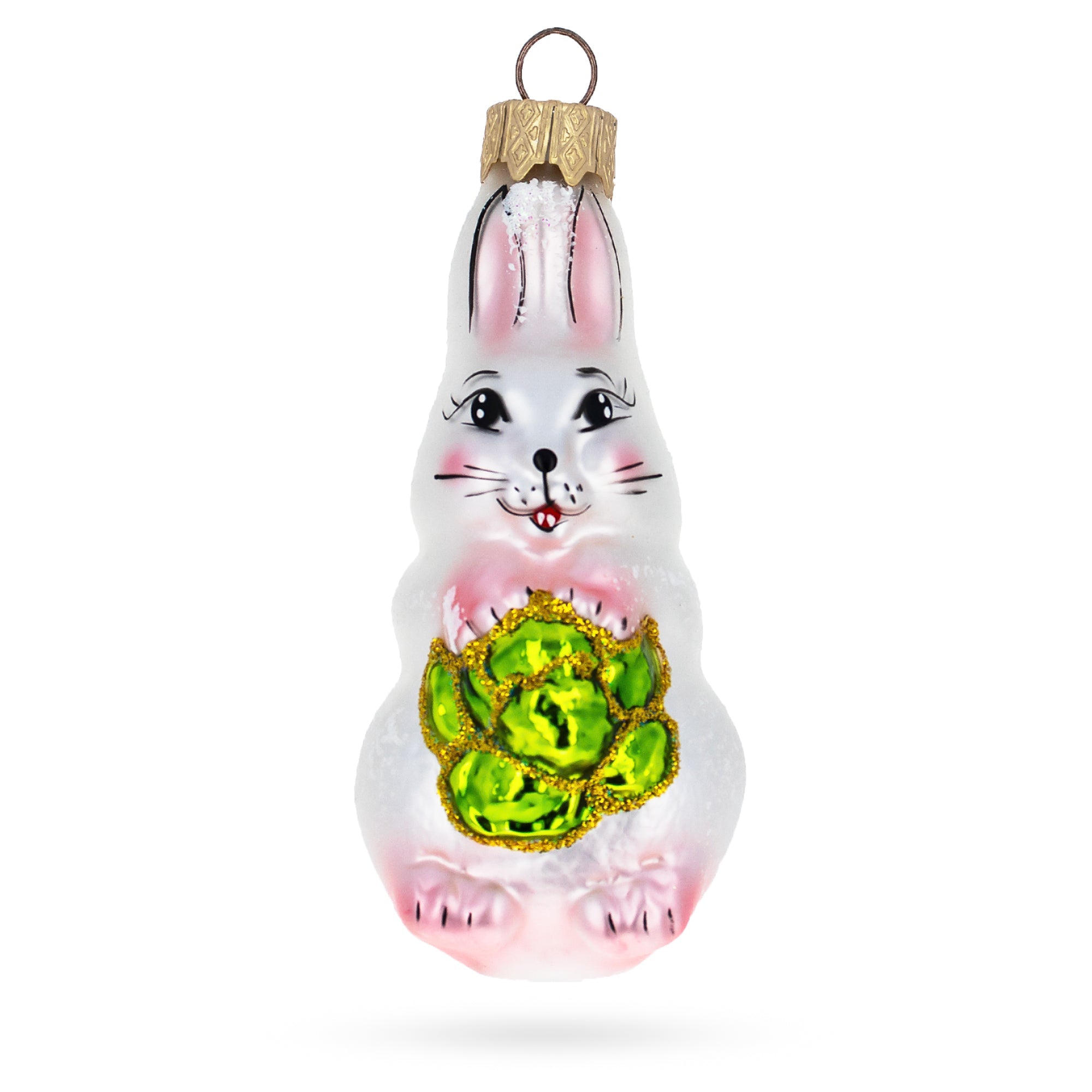 Charming Bunny With Cabbage Glass Christmas Ornament