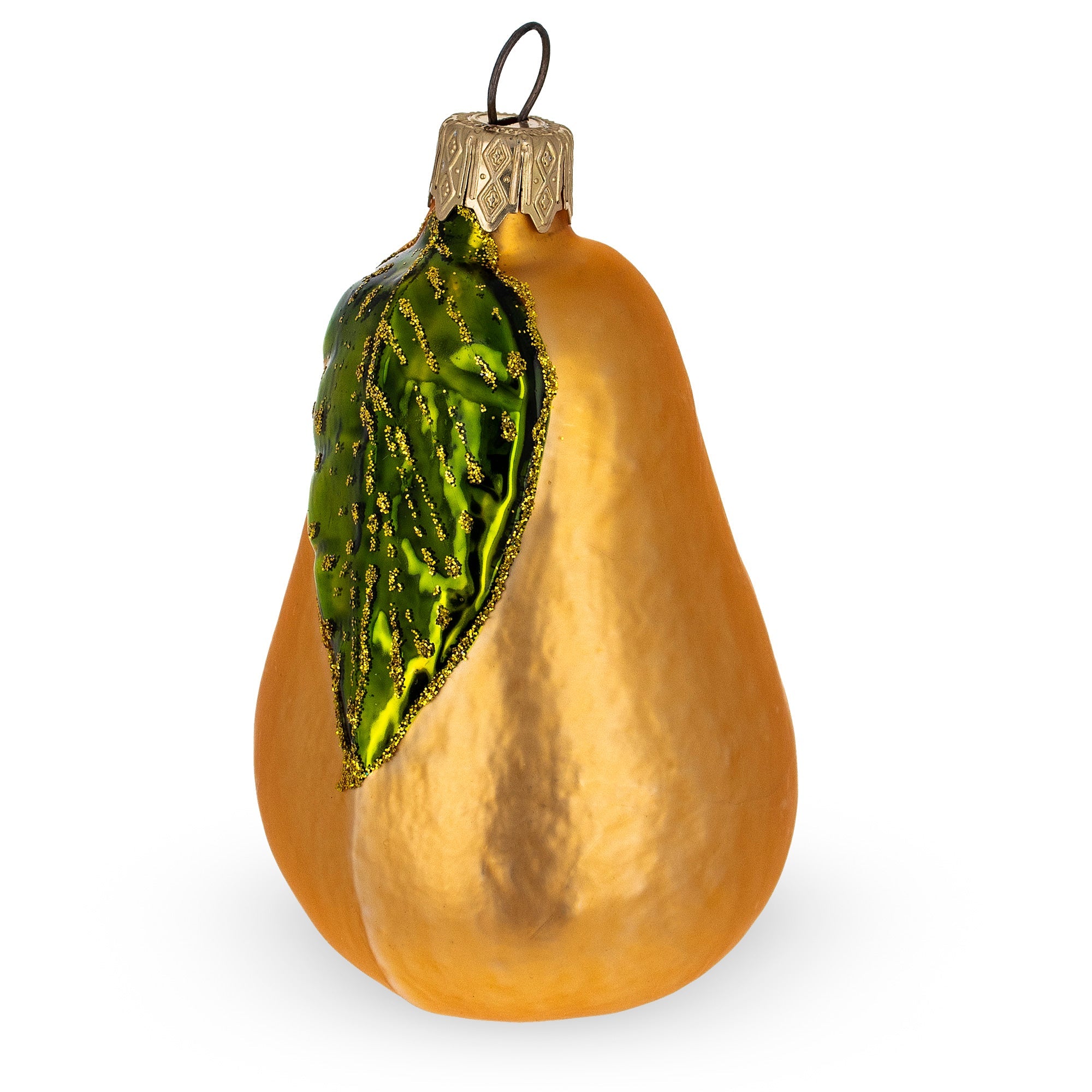 Pear With Shiny Leaf Glass Christmas Ornament