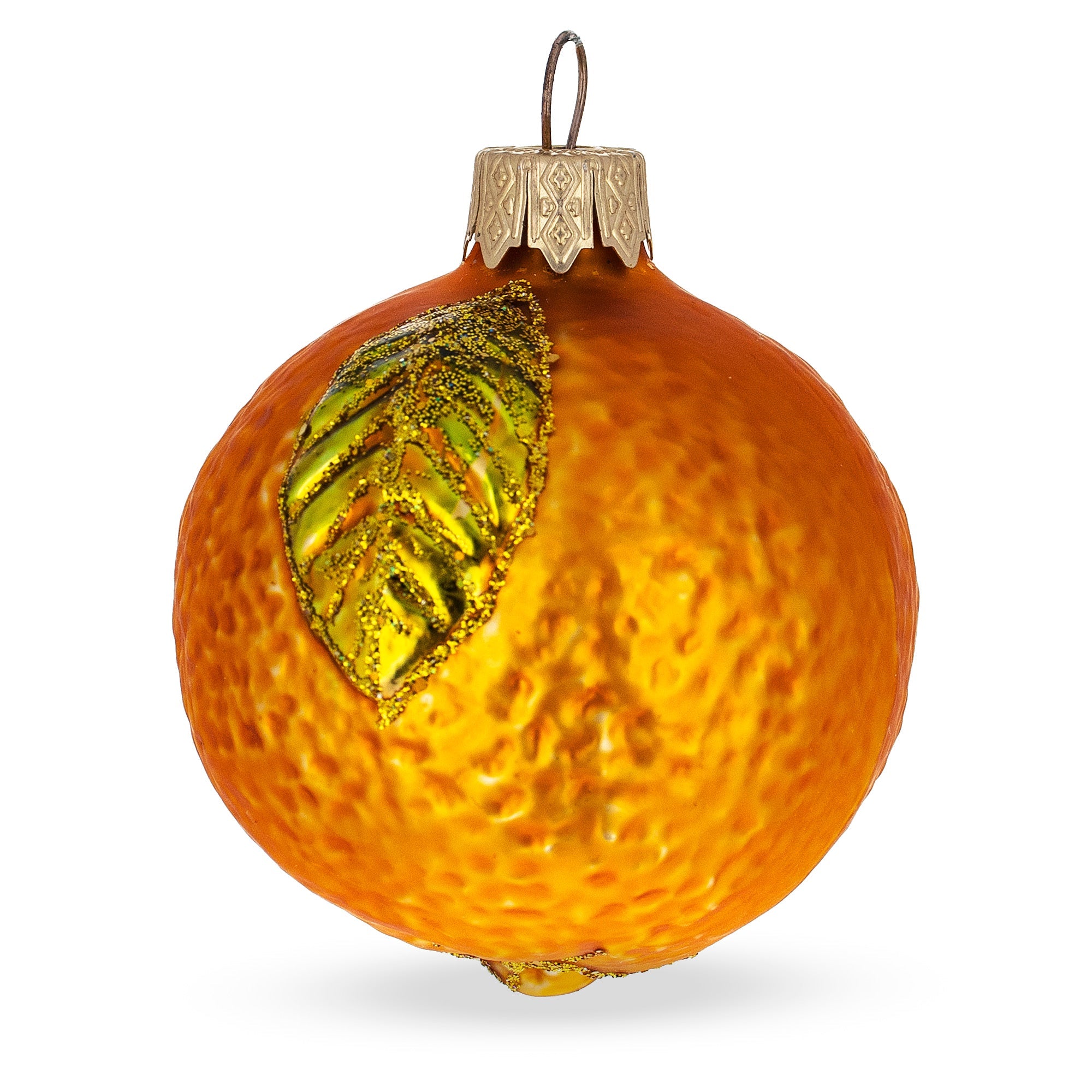 Orange With Shiny Leaf Glass Christmas Ornament