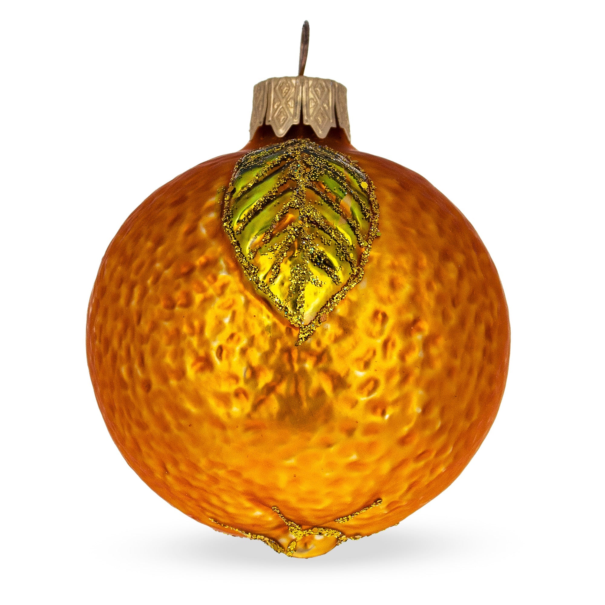 Orange With Shiny Leaf Glass Christmas Ornament