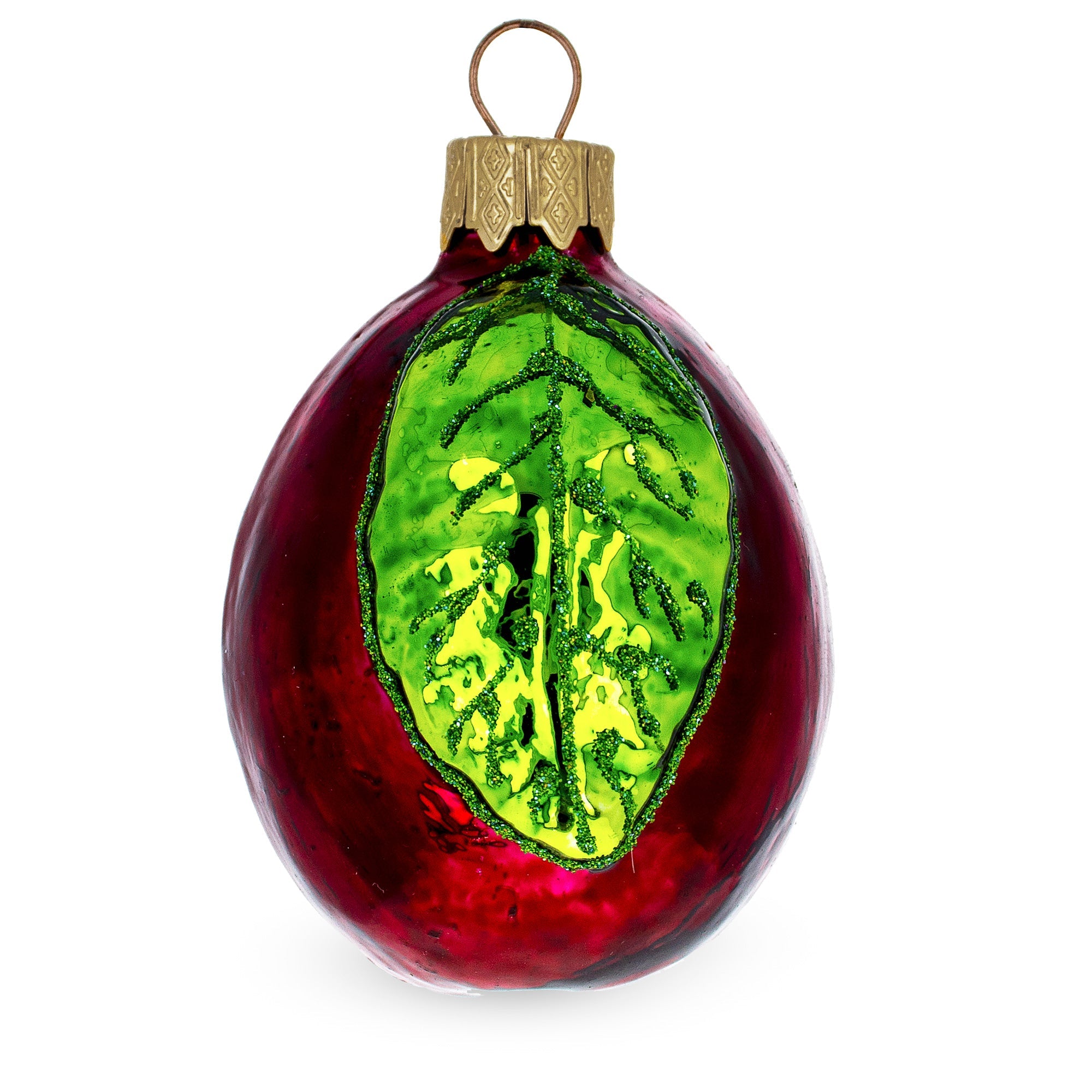 Plum With Shiny Leaf Glass Christmas Ornament