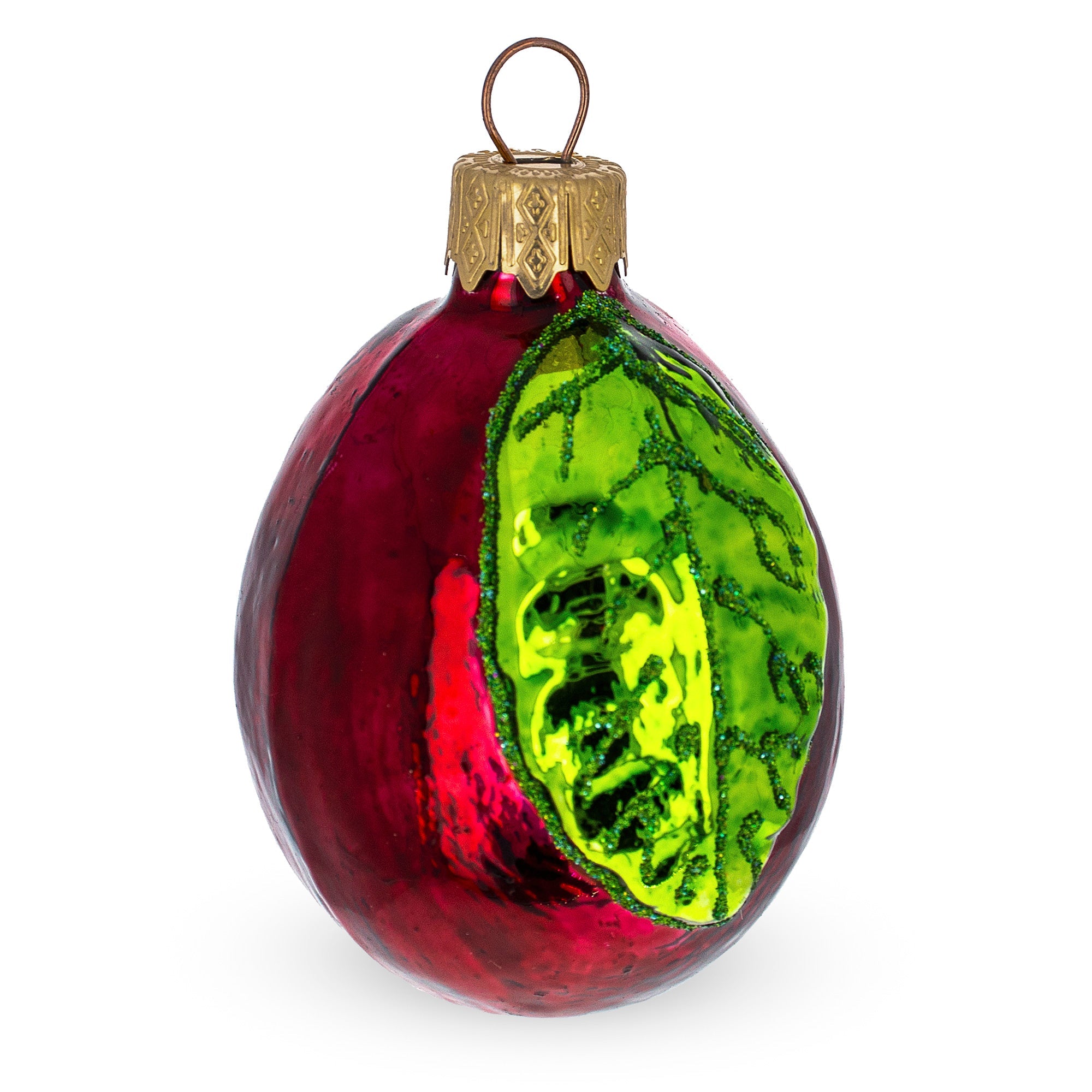 Plum With Shiny Leaf Glass Christmas Ornament