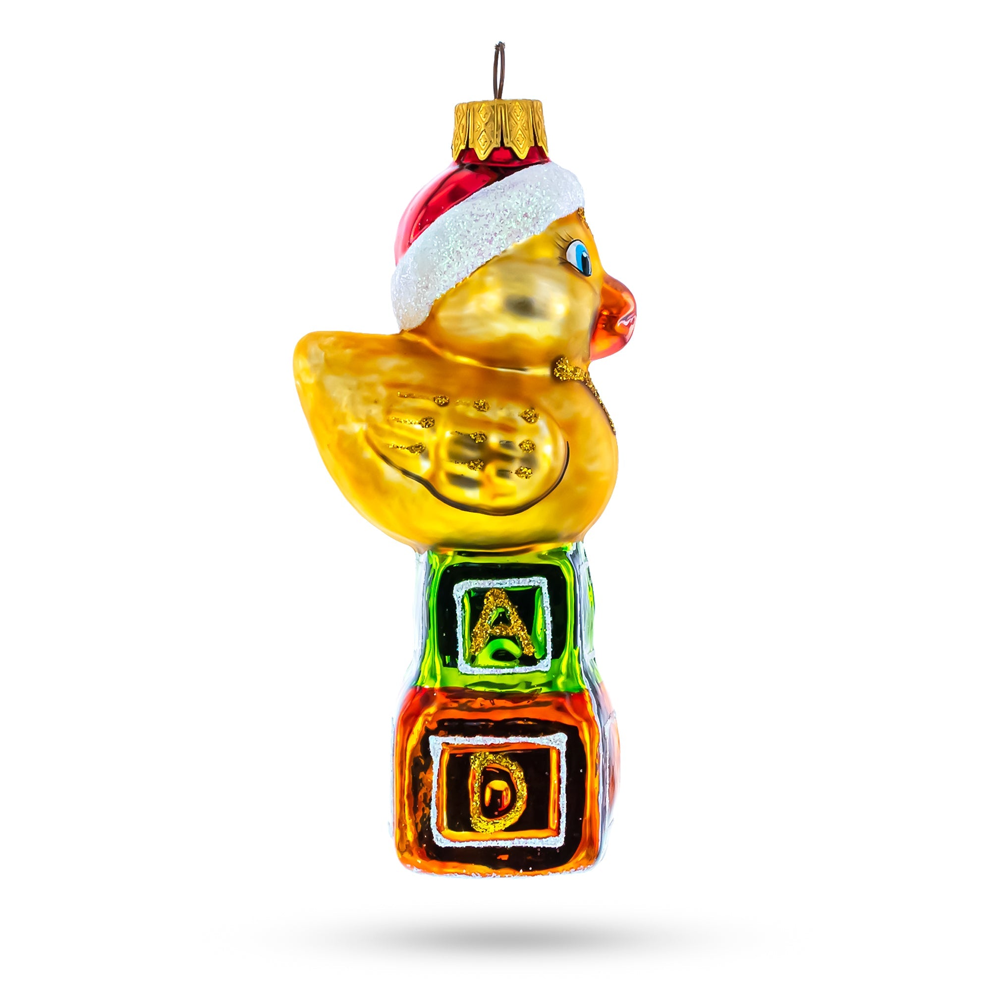 Yellow Duck On Letter Blocks Glass Christmas Ornament