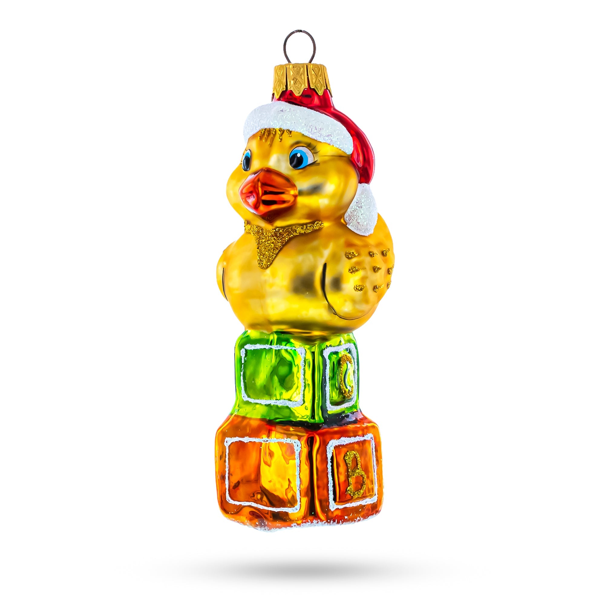 Yellow Duck On Letter Blocks Glass Christmas Ornament