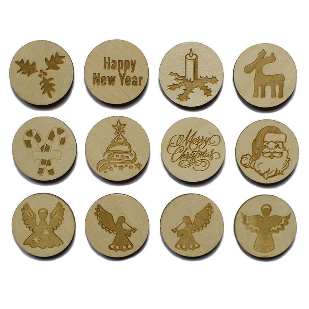 12 Christmas Laser Engraved Unfinished Wooden Circle Round Cutouts 1.15 Inches