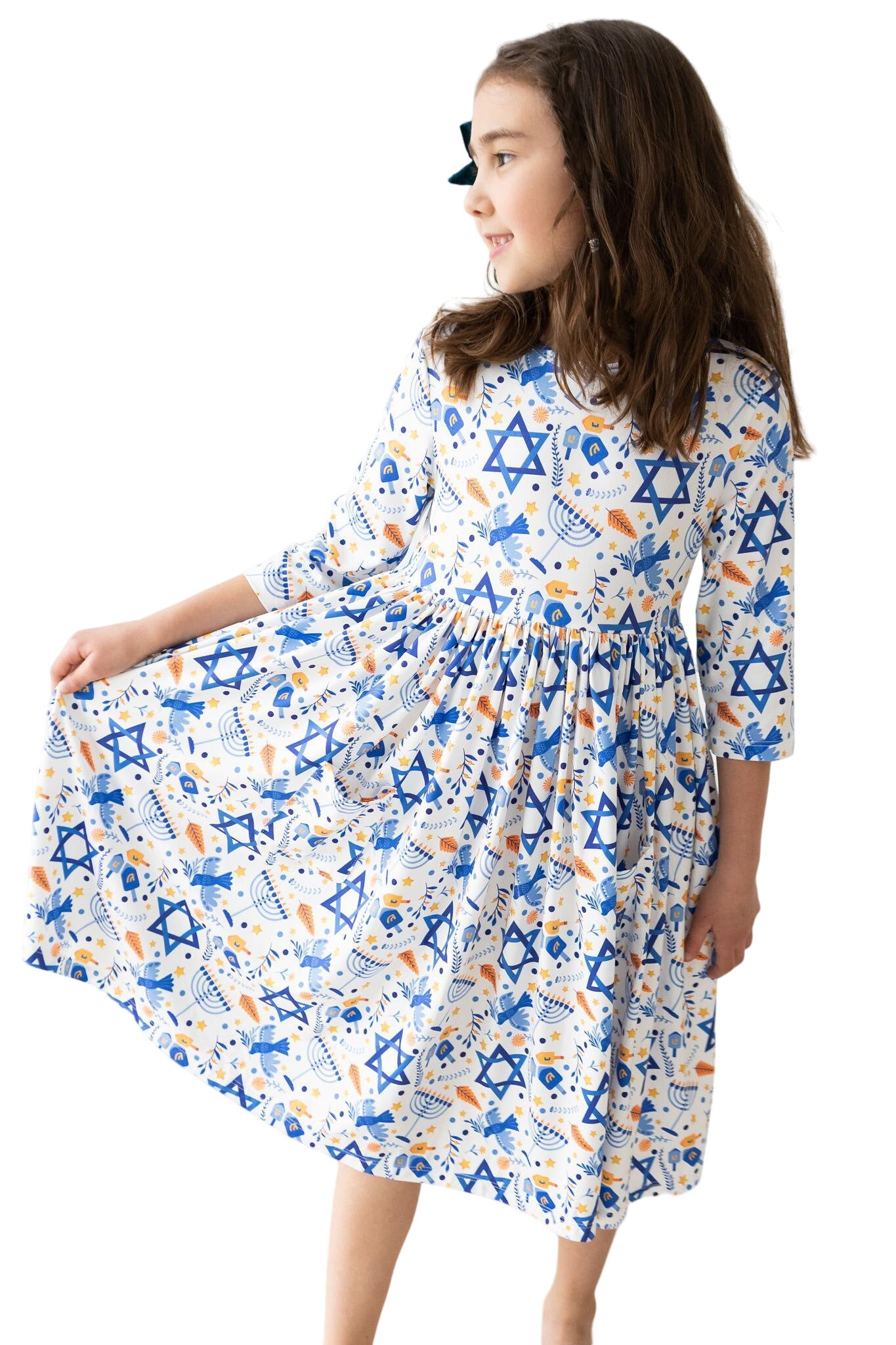 Happy Hanukkah 3/4 Sleeve Pocket Twirl Dress