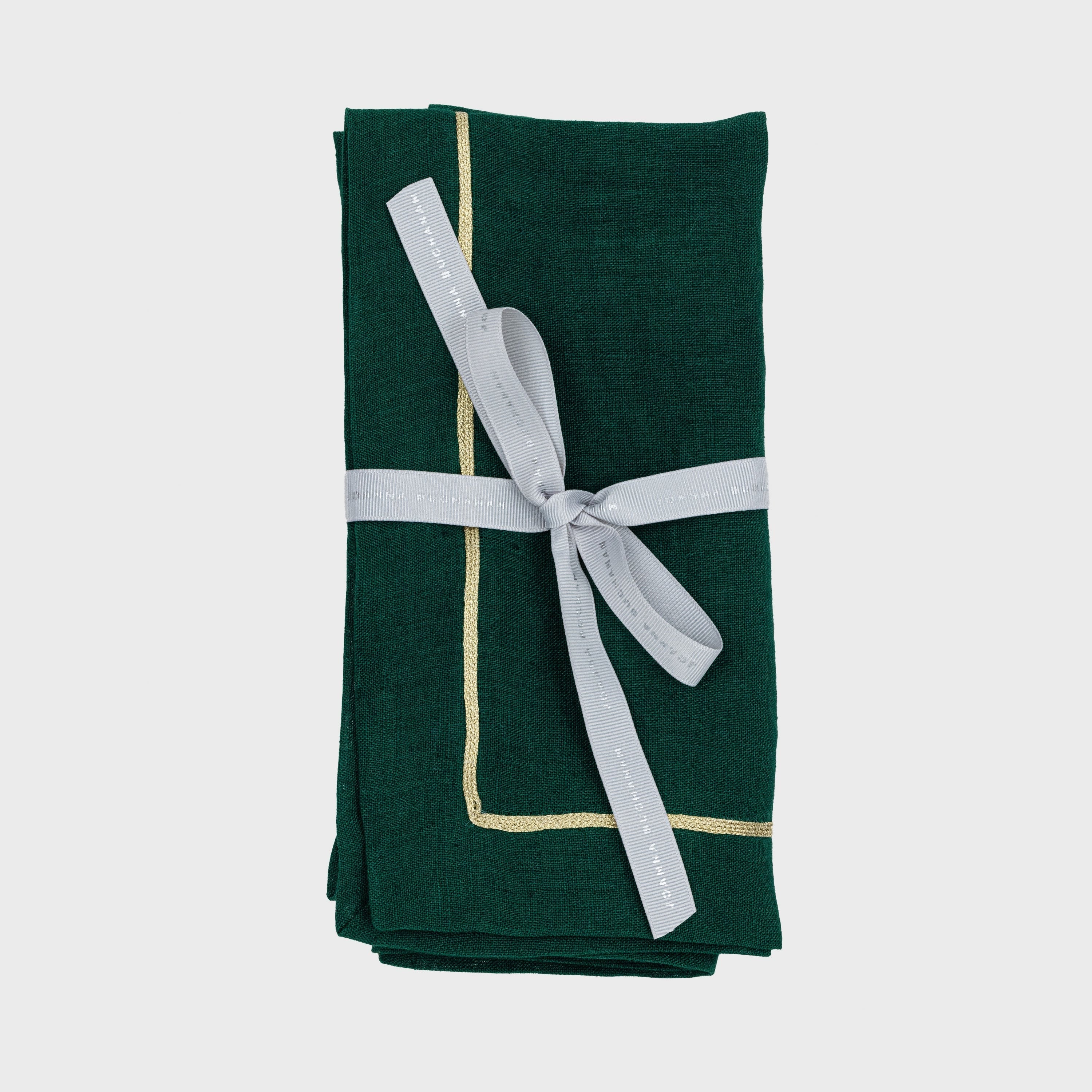 Gold Trim Dinner Napkins, Hunter Green, Set Of Two