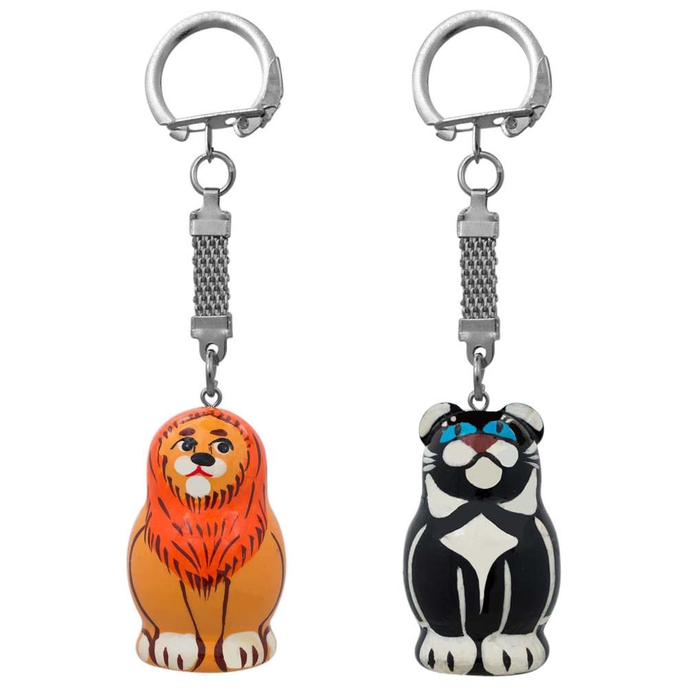 Set Of 2 Lion And Black Panther Animal Wooden Key Chains 1.75 Inches