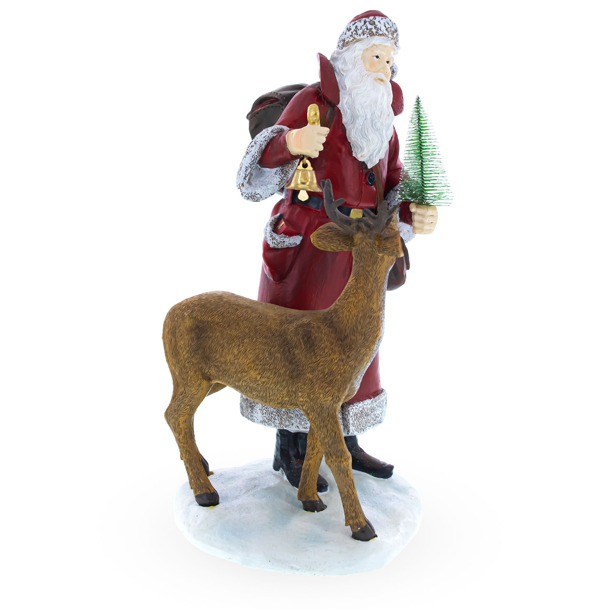 Santa Holding Christmas Tree And Bell By Reindeer Figurine 12 Inches